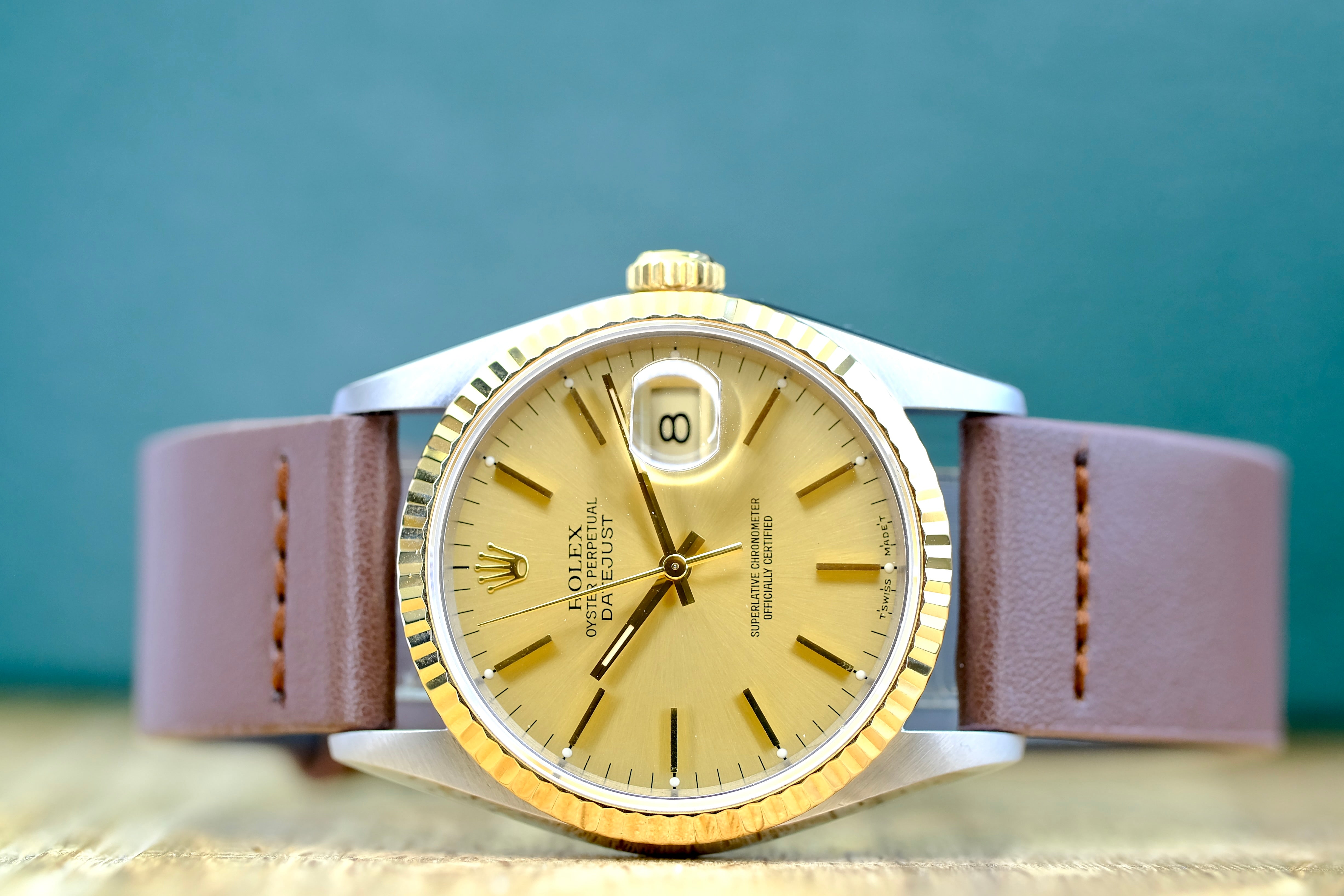 ROLEX DATEJUST CHAMPAGNE DIAL DARK BROWN LEATHER WATCH 16233 BOX&PAPER - Luxuriant Concierge