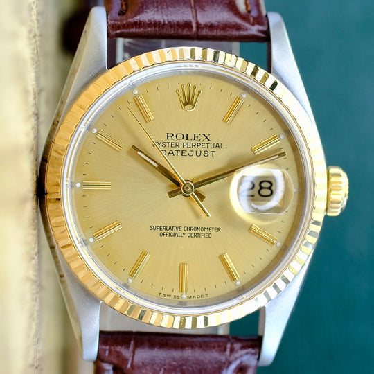 ROLEX DATEJUST CHAMPAGNE INDEX DIAL BROWN LEATHER WATCH 16233 BOX&PAPER - Luxuriant Concierge