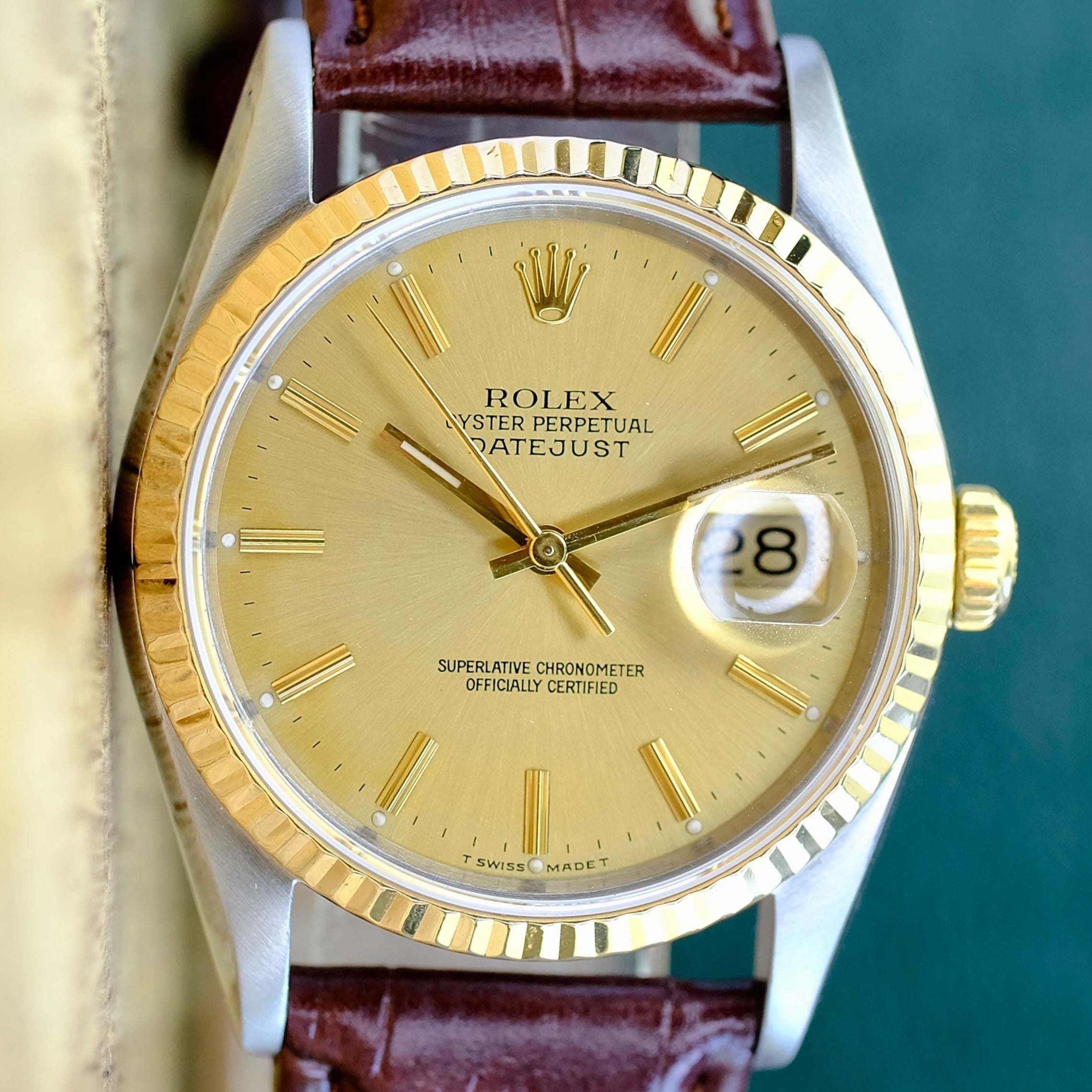 ROLEX DATEJUST CHAMPAGNE INDEX DIAL BROWN LEATHER WATCH 16233 - Luxuriant Concierge