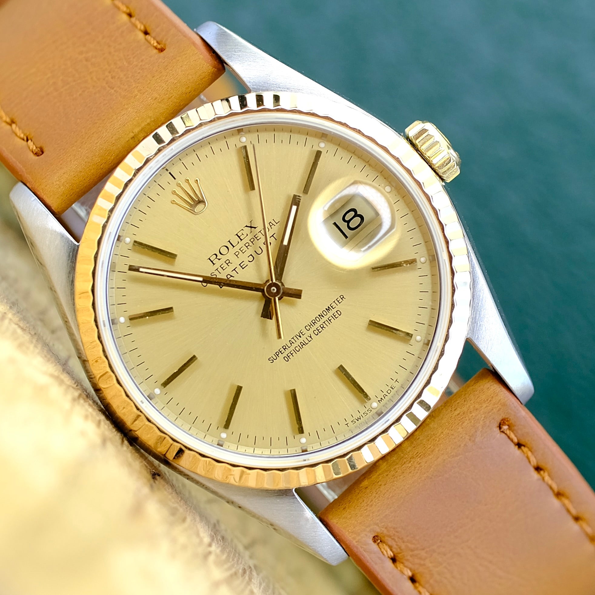 ROLEX DATEJUST CHAMPAGNE INDEX DIAL LIGHT BROWN LEATHER WATCH 16233 - Luxuriant Concierge