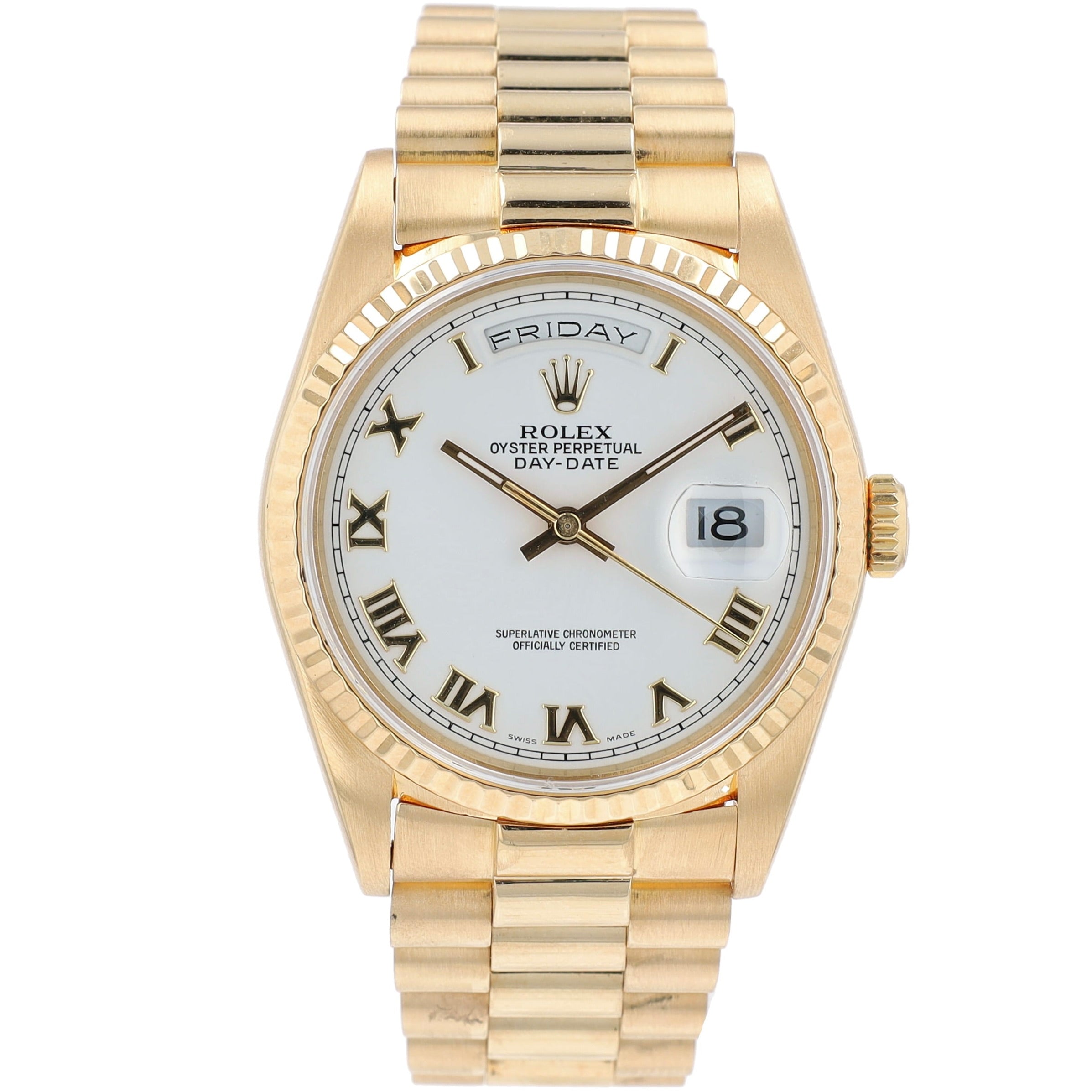Rolex Day-Date 18238 36mm White Roman Dial Fluted Bezel President Band