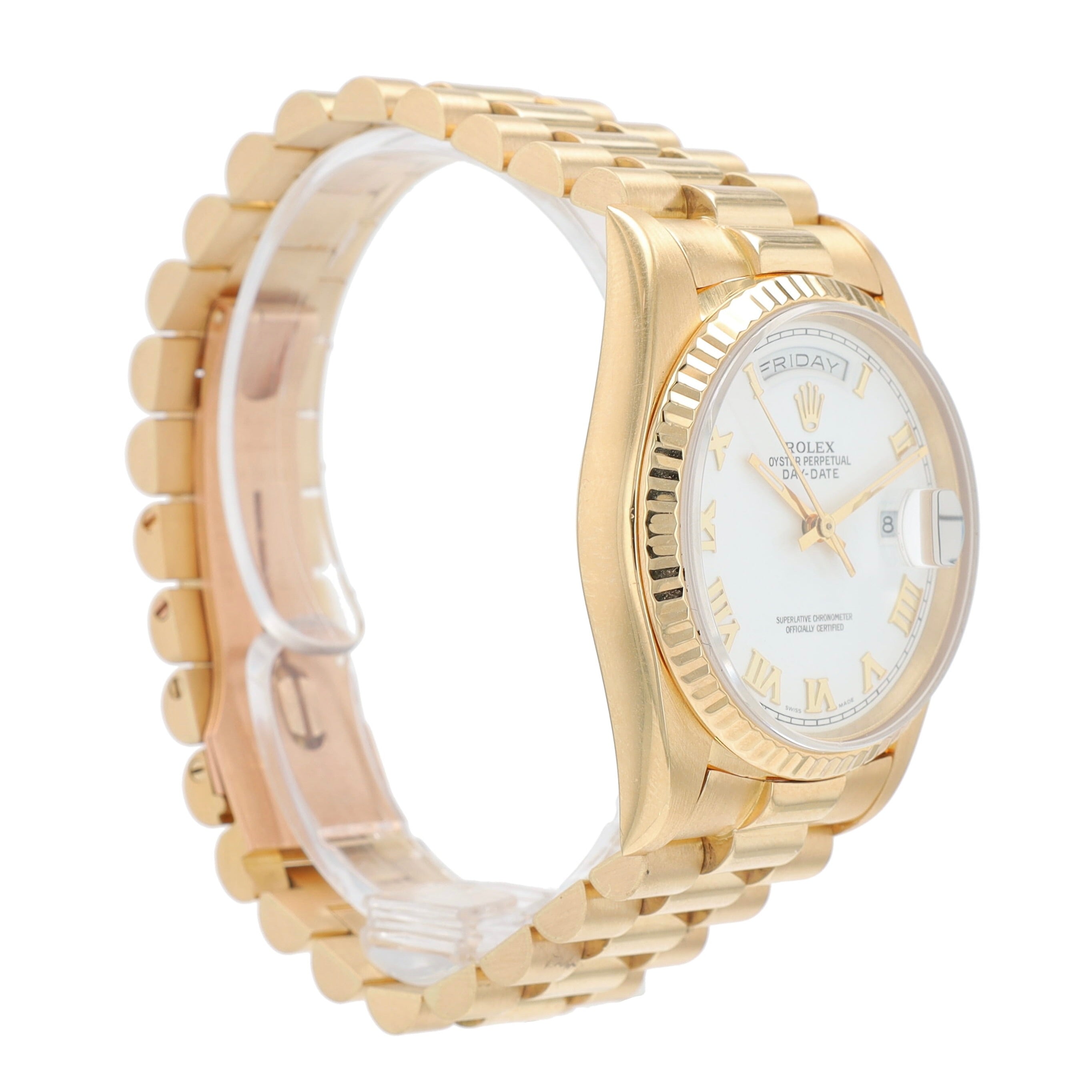 Rolex Day-Date 18238 36mm White Roman Dial Fluted Bezel President Band