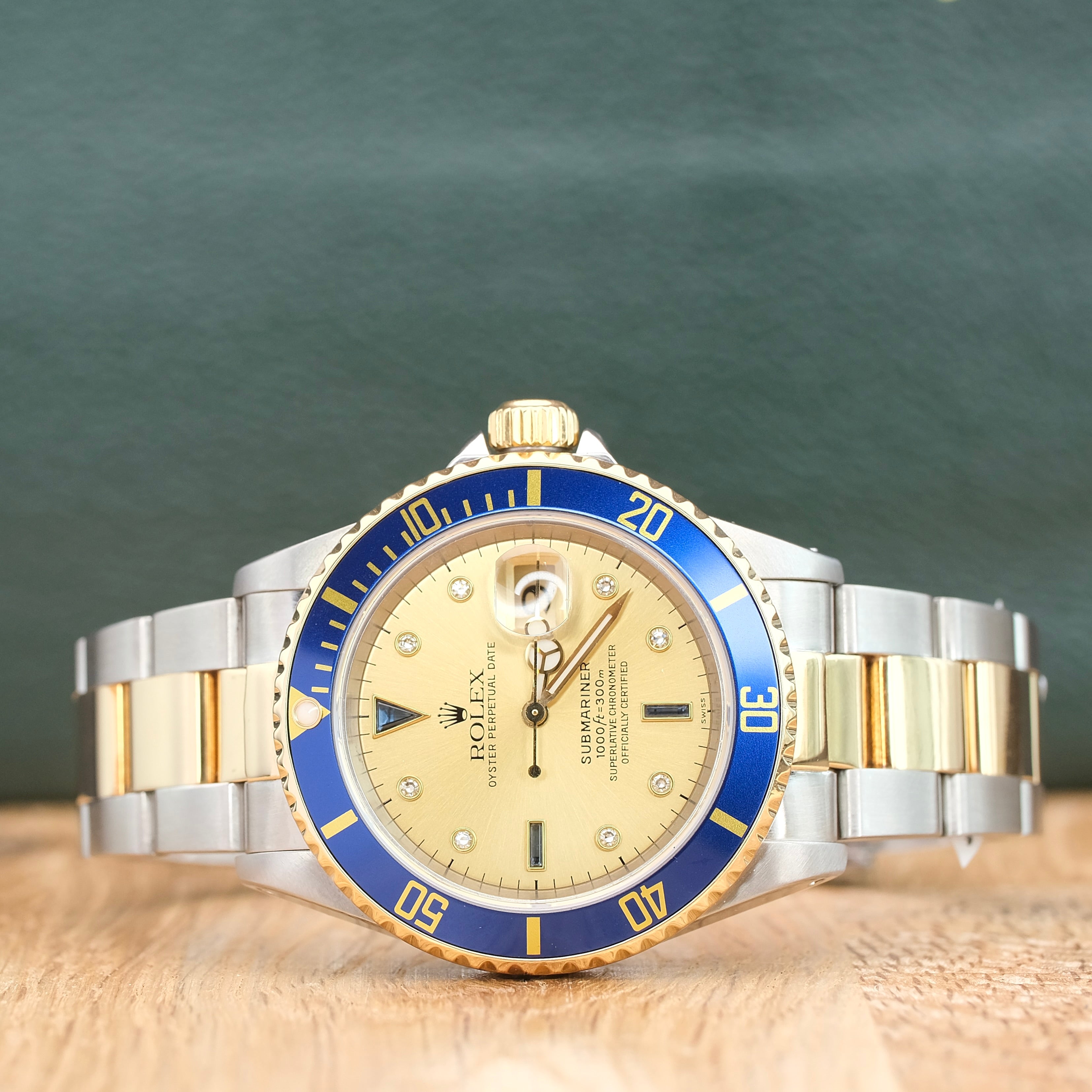 Rolex Submariner Champagne Serti Dial Oyster Band 16613 w Box & Paper - Luxuriant Concierge