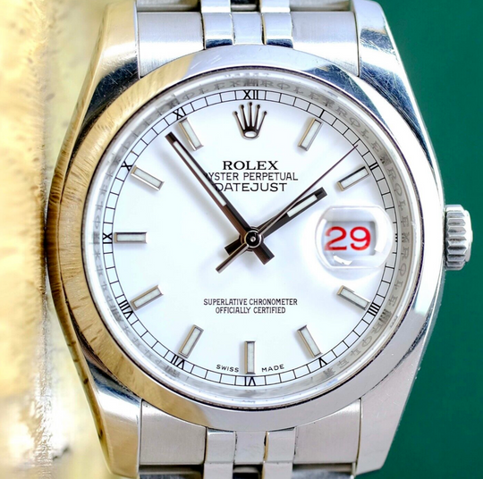 Rolex Mens Datejust Steel White Index Dial Roulette Calendar 116200 Watch - luxuriantconcierge