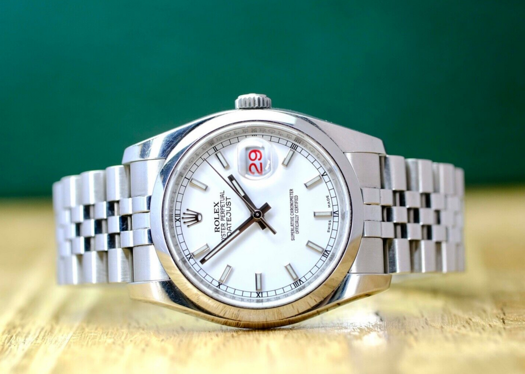 Rolex Mens Datejust Steel White Index Dial Roulette Calendar 116200 Watch - luxuriantconcierge