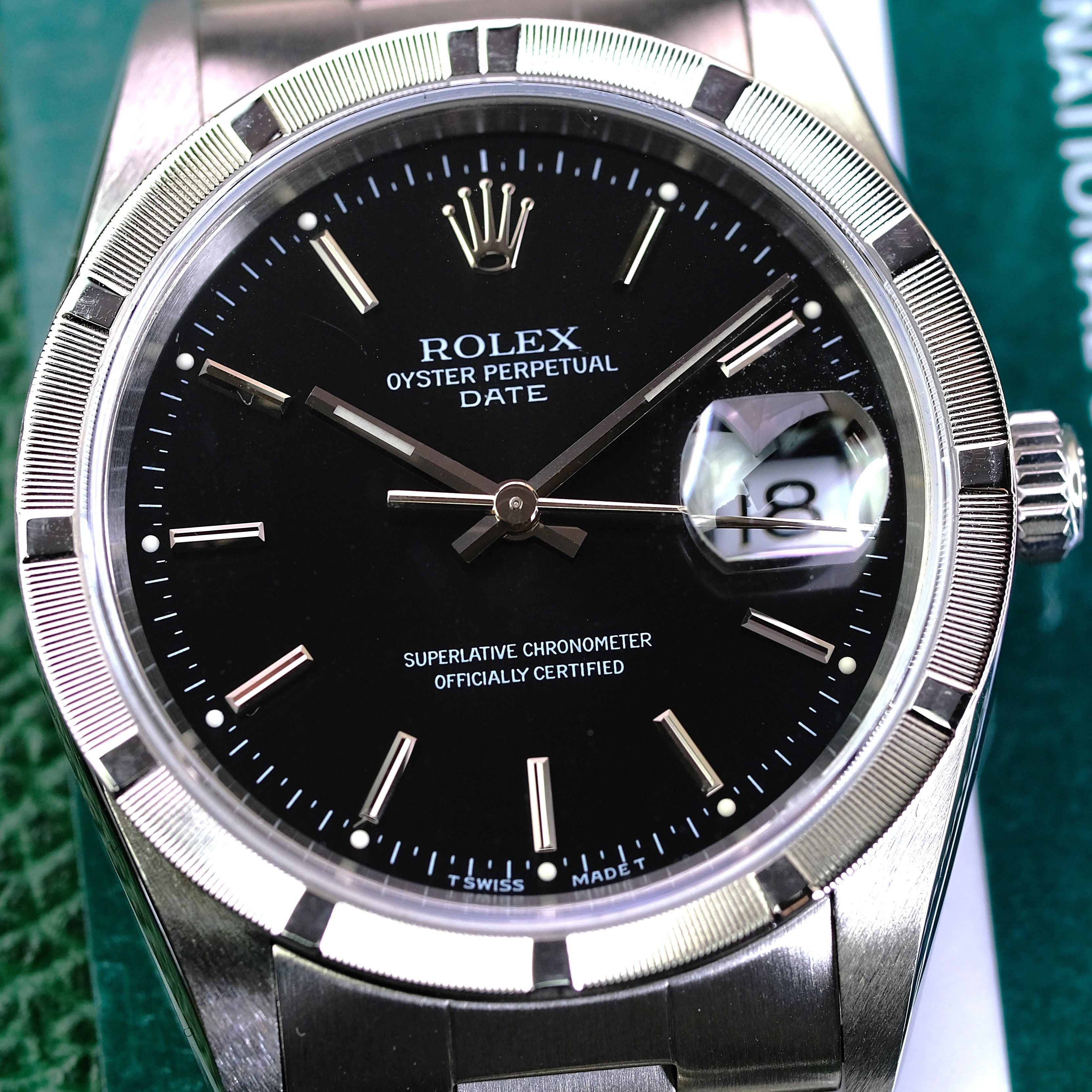 Box & Paper Rolex Date 15210 Black Dial 36mm Stainless Steel Engine-turned Bezel Oyster Band