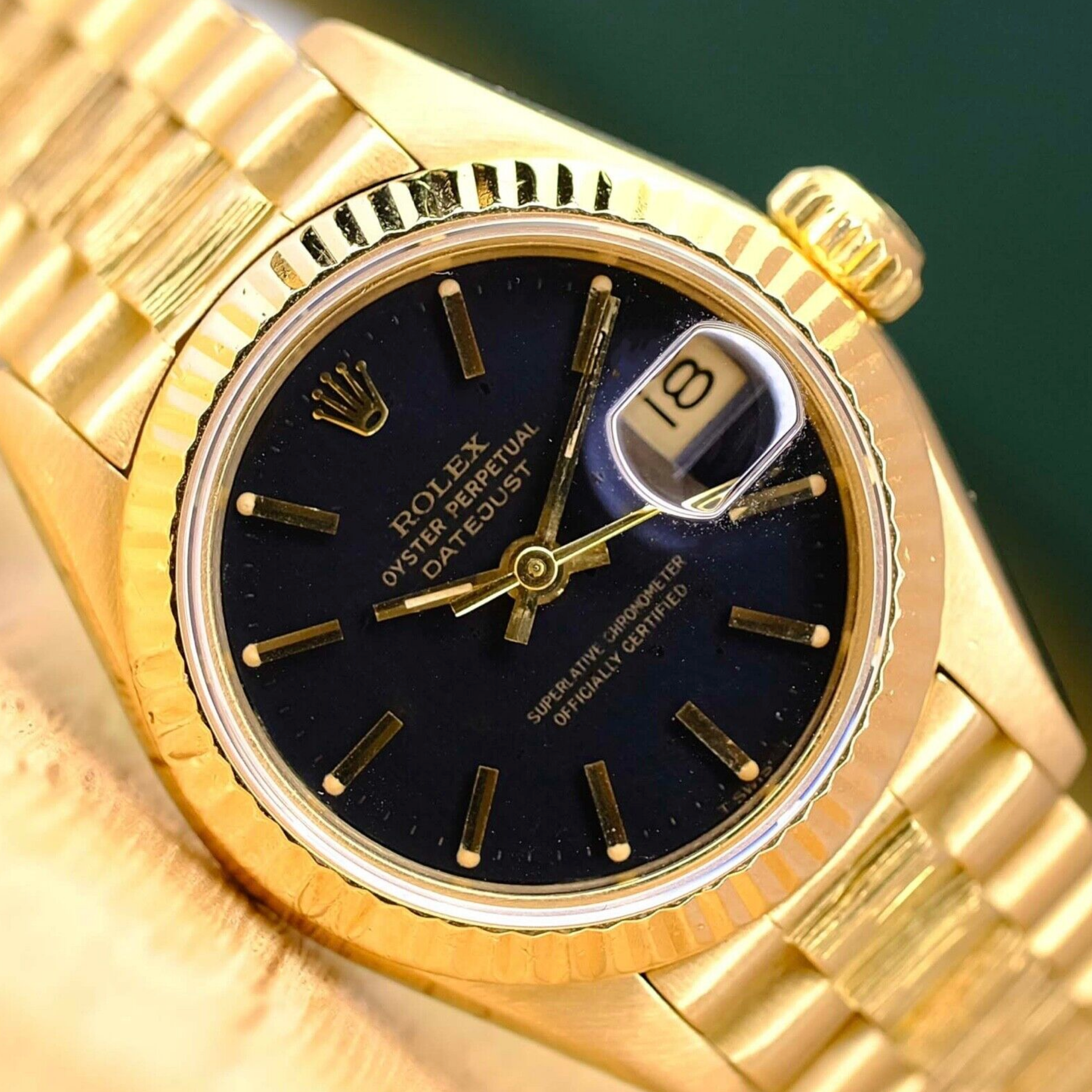 Rolex Womens Datejust 18KY Gold Black Index Dial President 69178 Watch - luxuriantconcierge