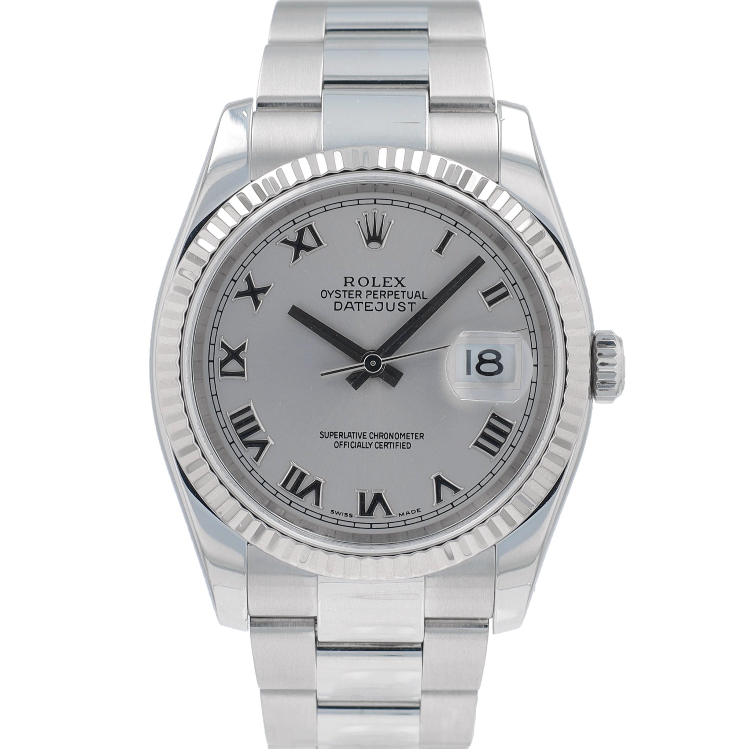 Rolex Datejust 116234 36mm Silver Roman Numeral Dial Fluted Bezel Oyster Band - Luxuriant Concierge