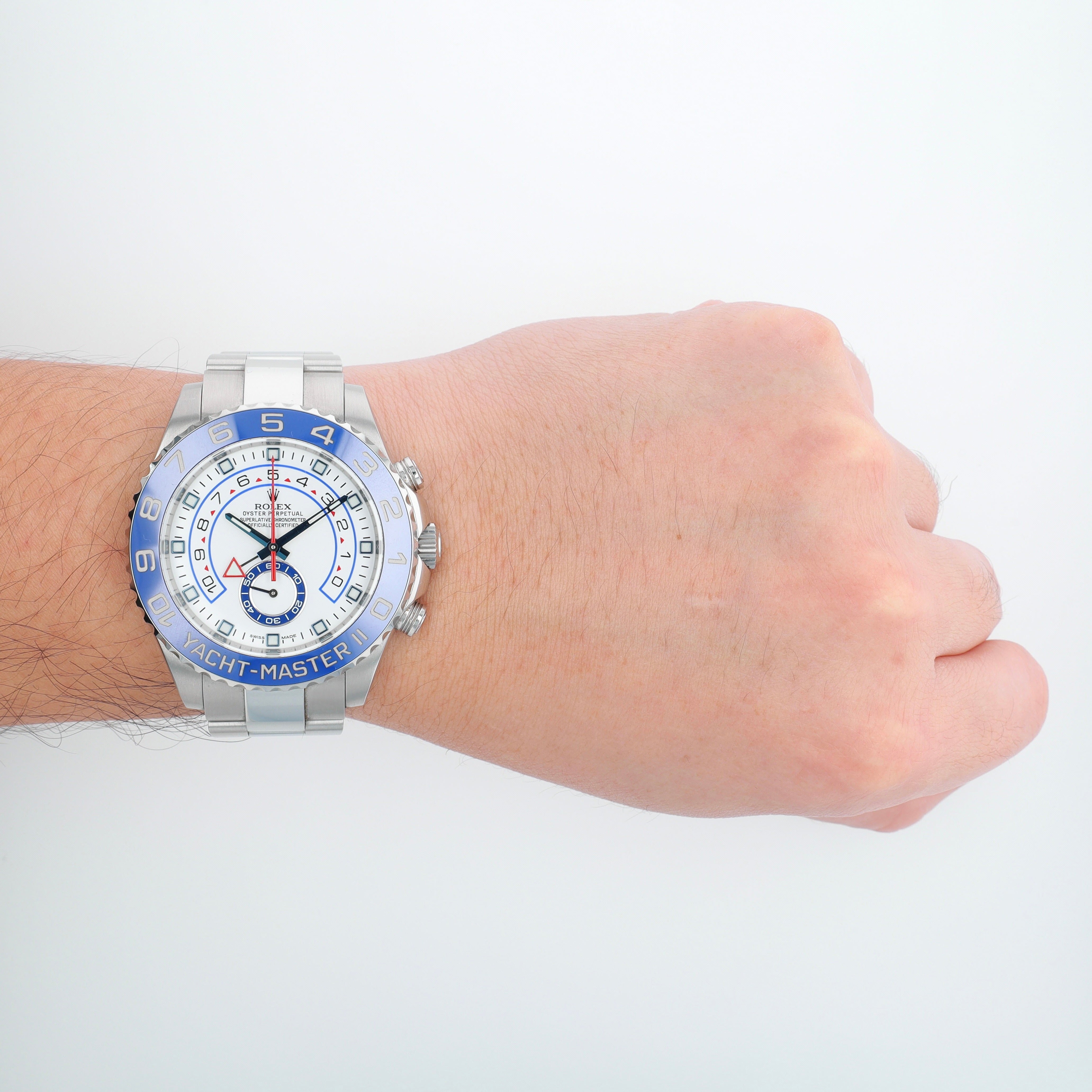 B&P Rolex Yacht-Master II 116680 44mm White Luminous Dial Rotating Bezel with Blue Insert Bezel Oyster Band - Luxuriant Concierge