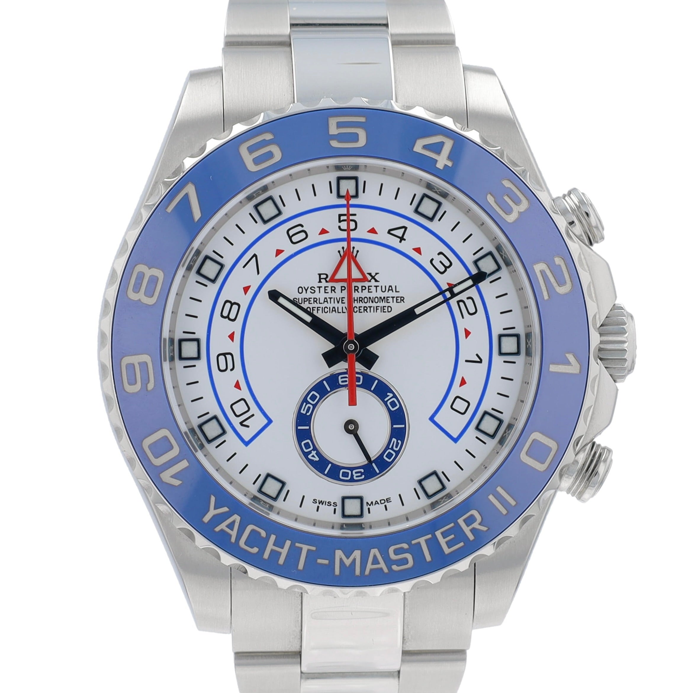 B&P Rolex Yacht-Master II 116680 44mm White Luminous Dial Rotating Bezel with Blue Insert Bezel Oyster Band
