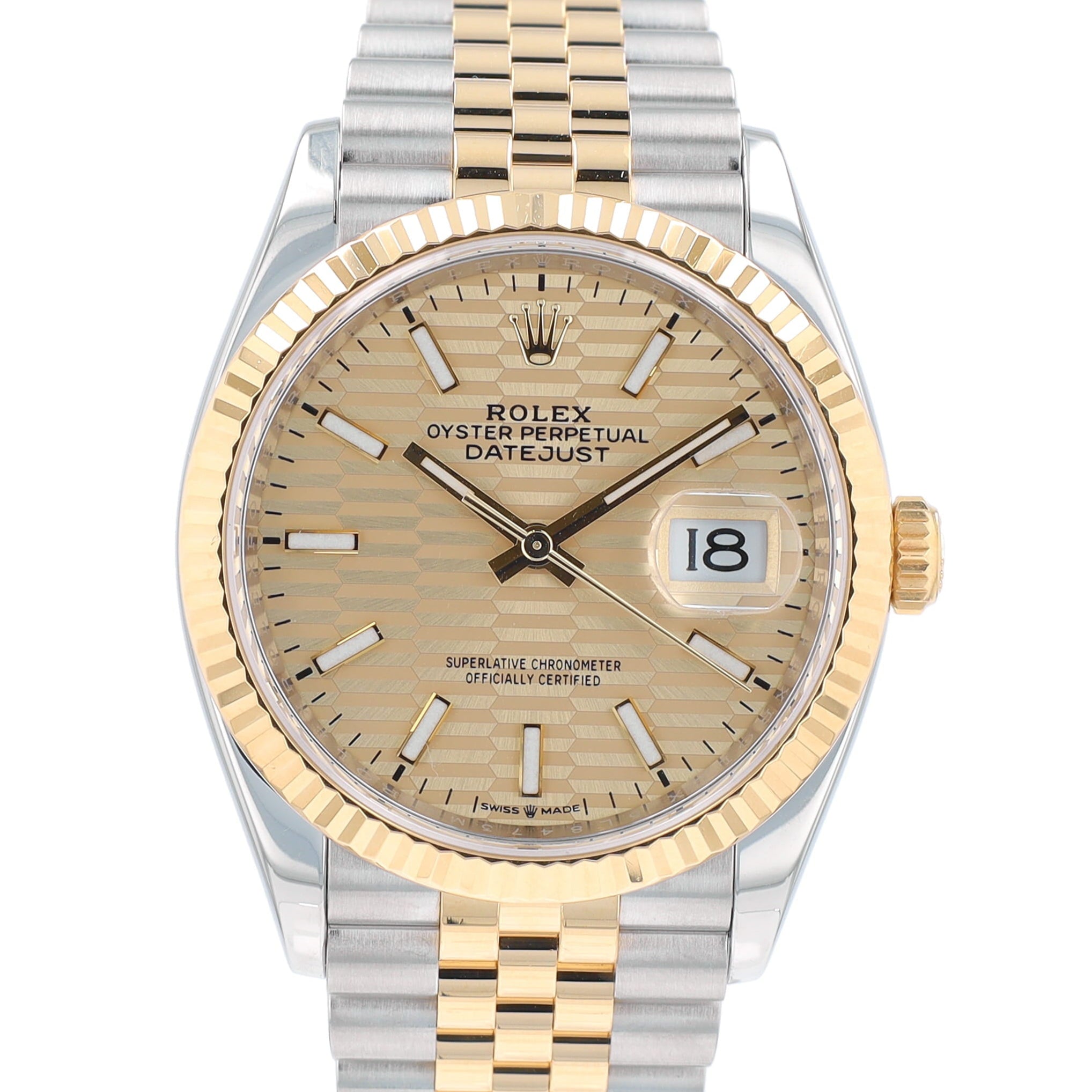 Rolex Datejust  126233 36mm Champagne Motif Index Luminous Dial Fluted Bezel Jubilee Band