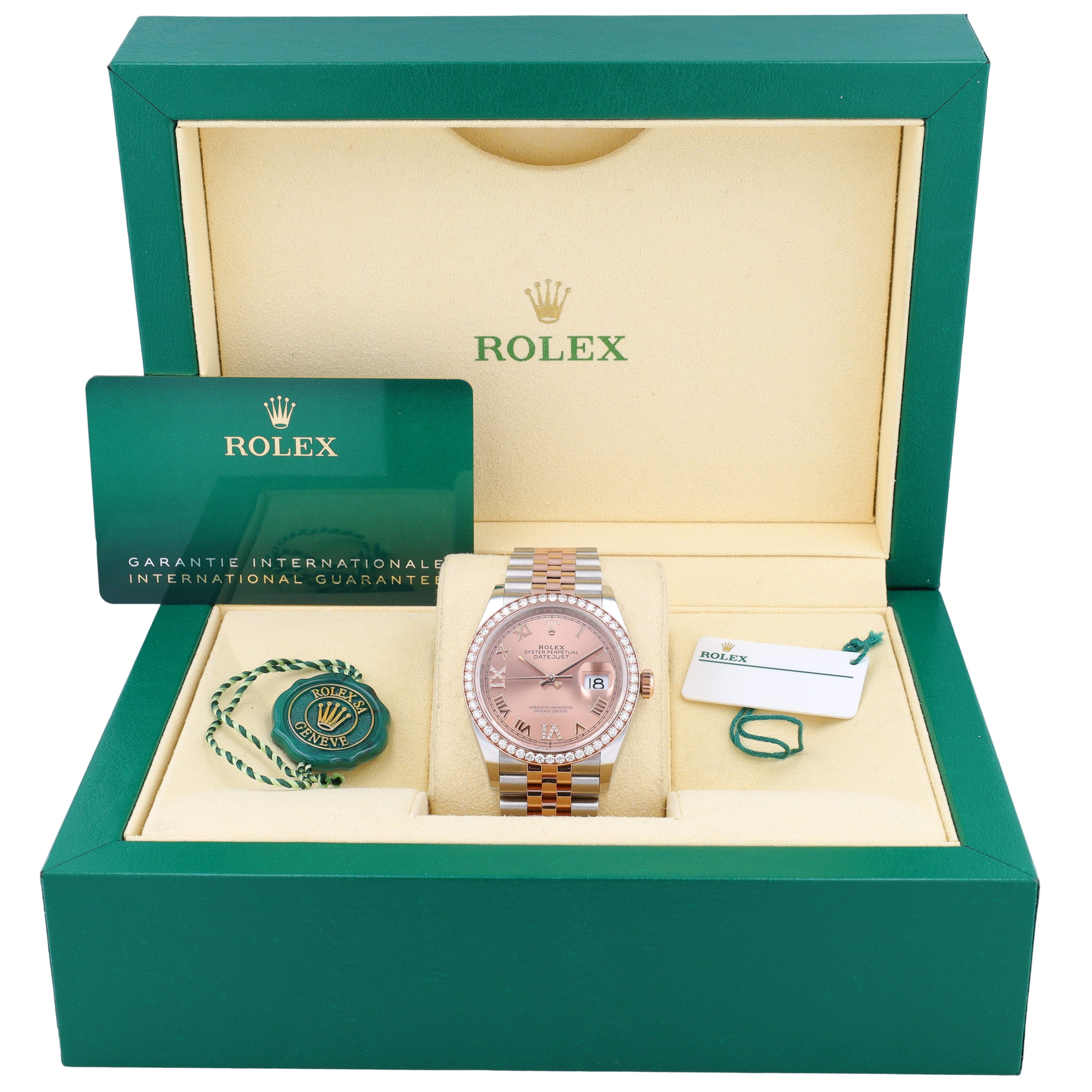 B&P Rolex Datejust 126281 36mm Salmon  Roman IV & IX Diamond Dial Diamond Bezel Bezel Jubilee Band - Luxuriant Concierge