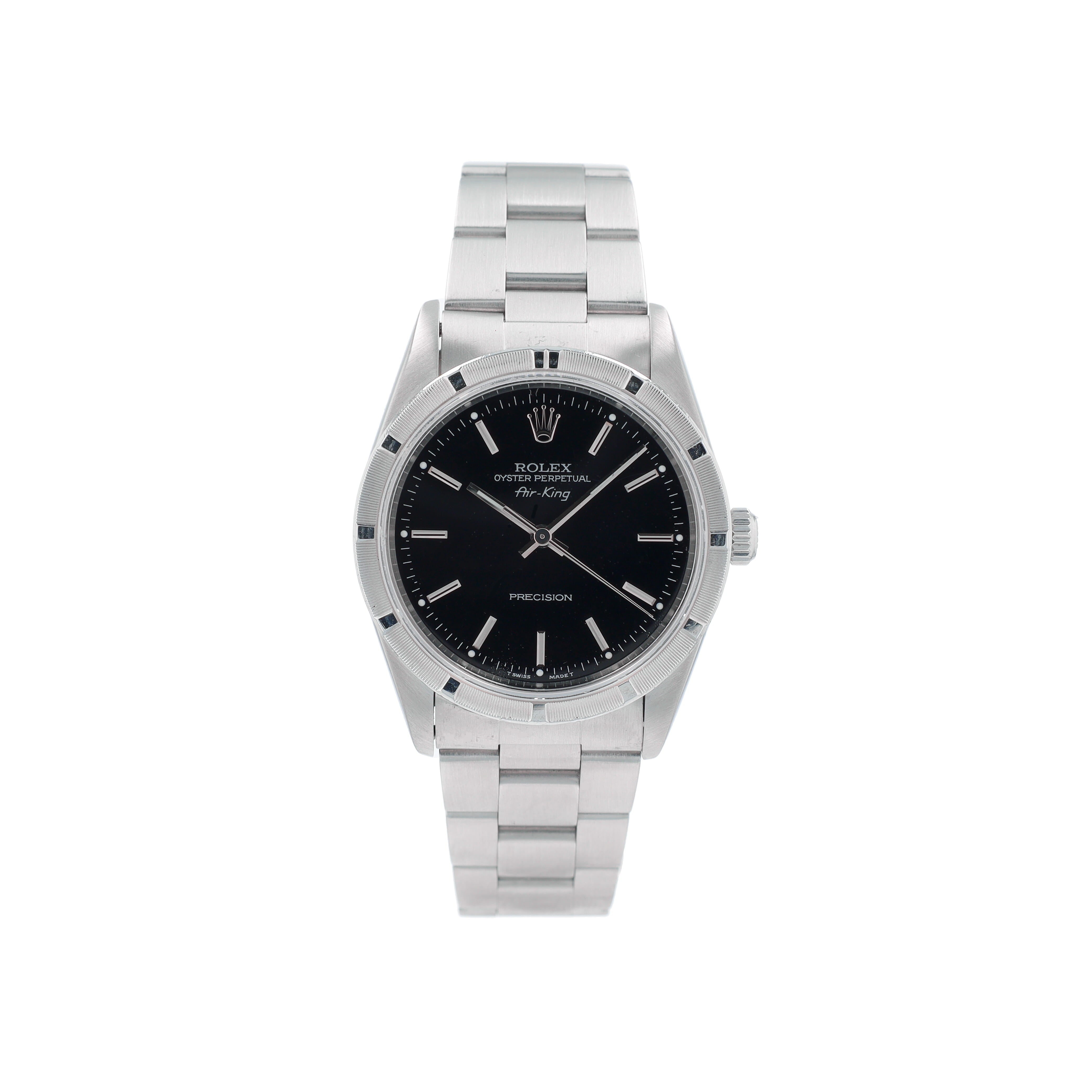 B&P Rolex Air-King 14010 34mm Black Index Dial Engine Turned Bezel Oyster Band - Luxuriant Concierge