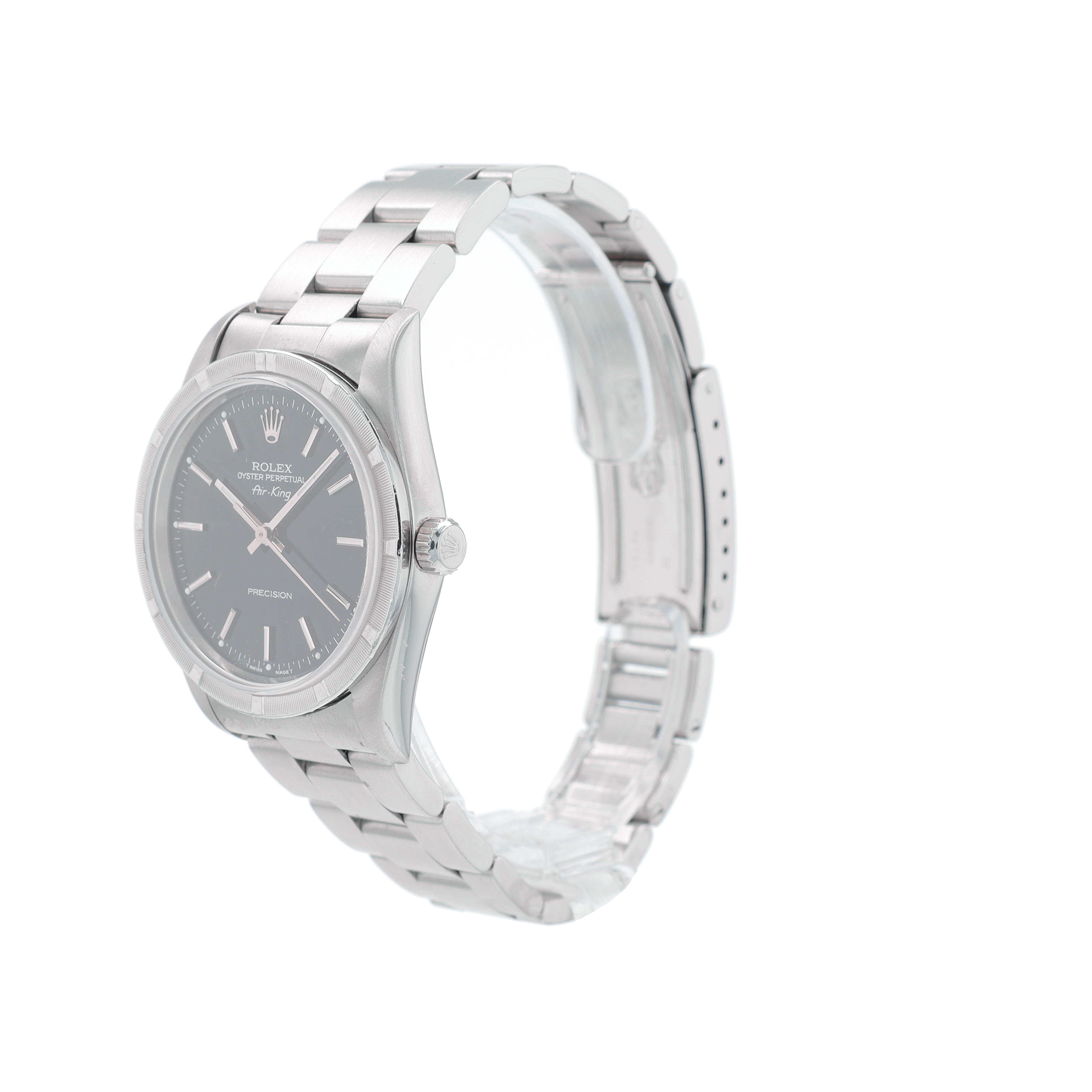 B&P Rolex Air-King 14010 34mm Black Index Dial Engine Turned Bezel Oyster Band - Luxuriant Concierge