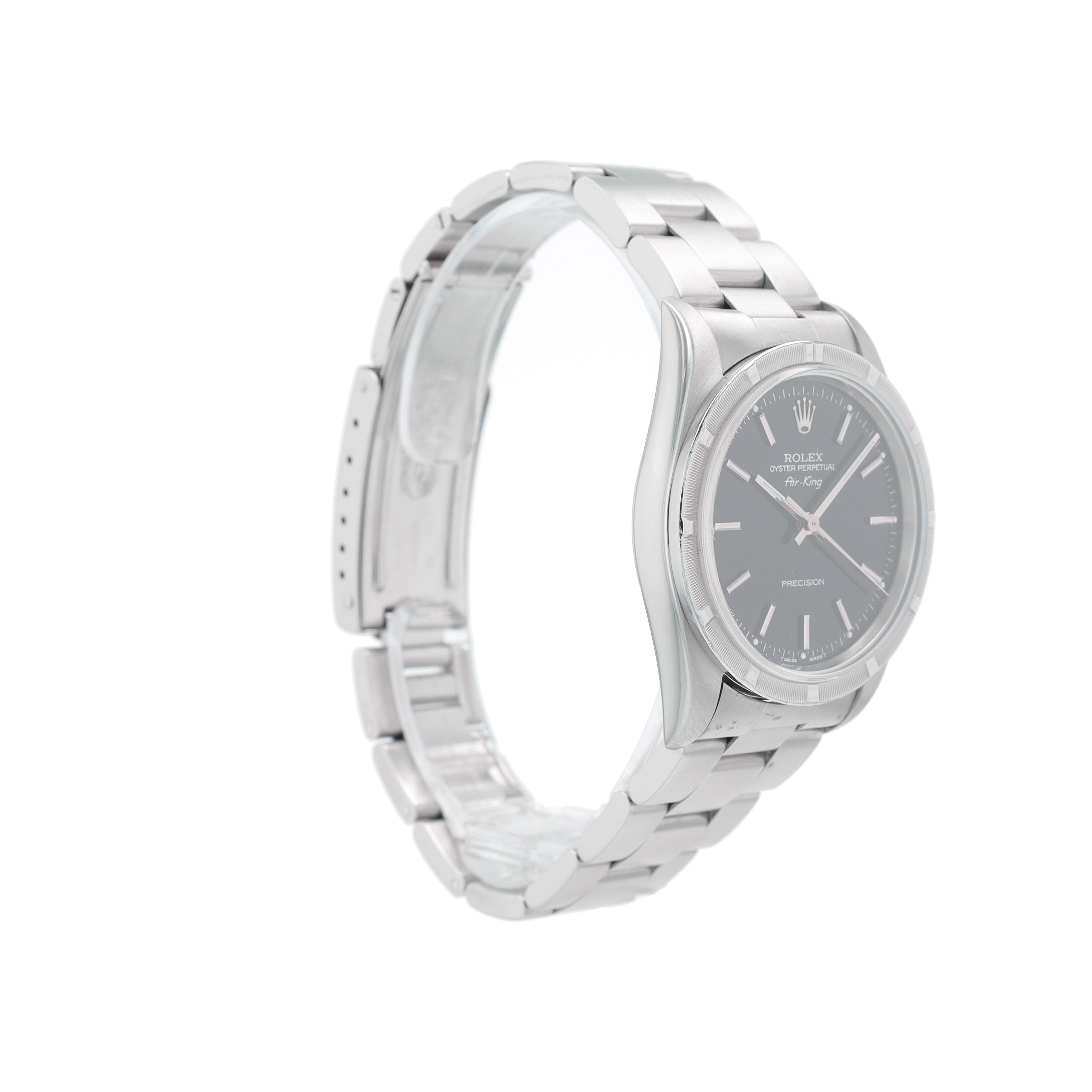 B&P Rolex Air-King 14010 34mm Black Index Dial Engine Turned Bezel Oyster Band - Luxuriant Concierge