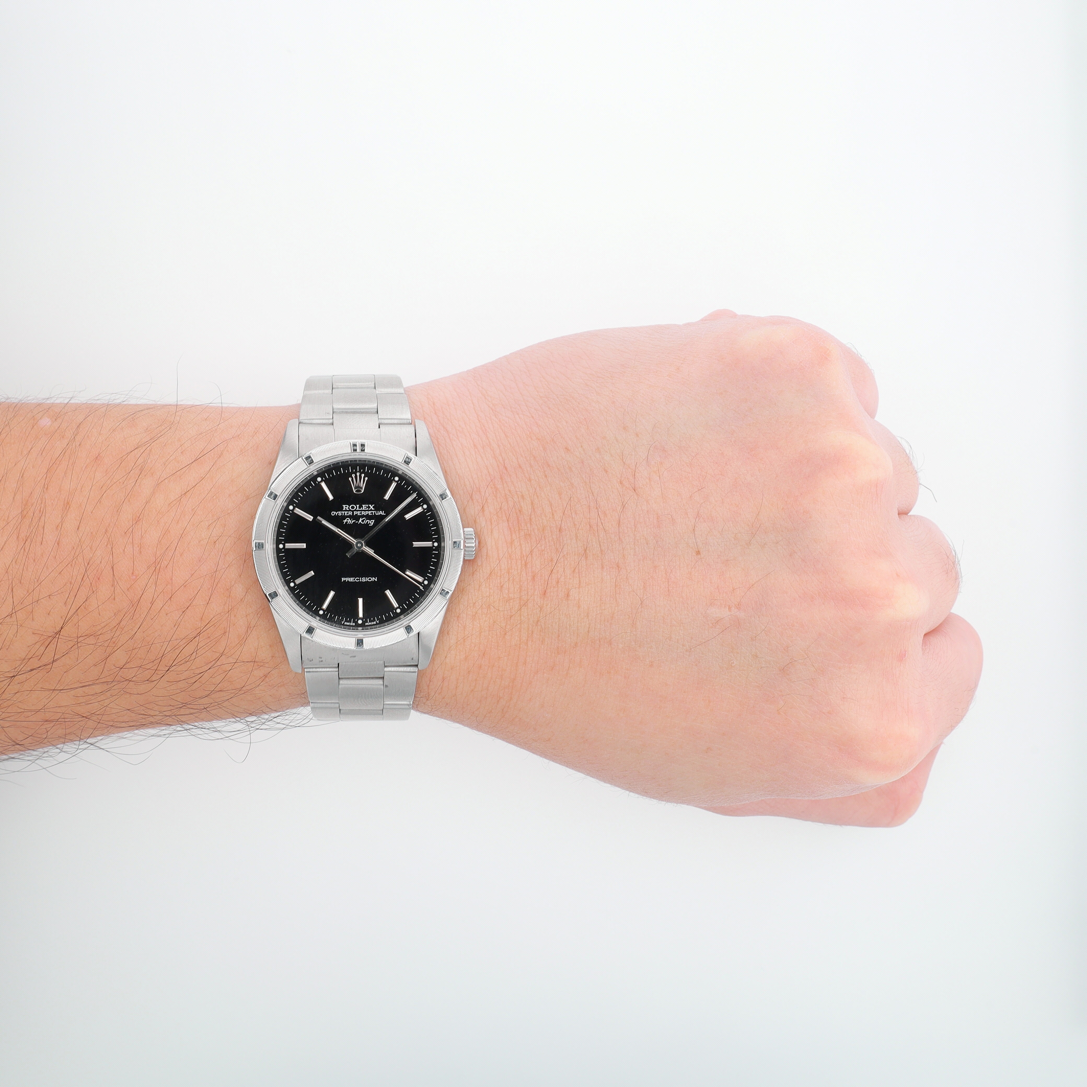 B&P Rolex Air-King 14010 34mm Black Index Dial Engine Turned Bezel Oyster Band - Luxuriant Concierge