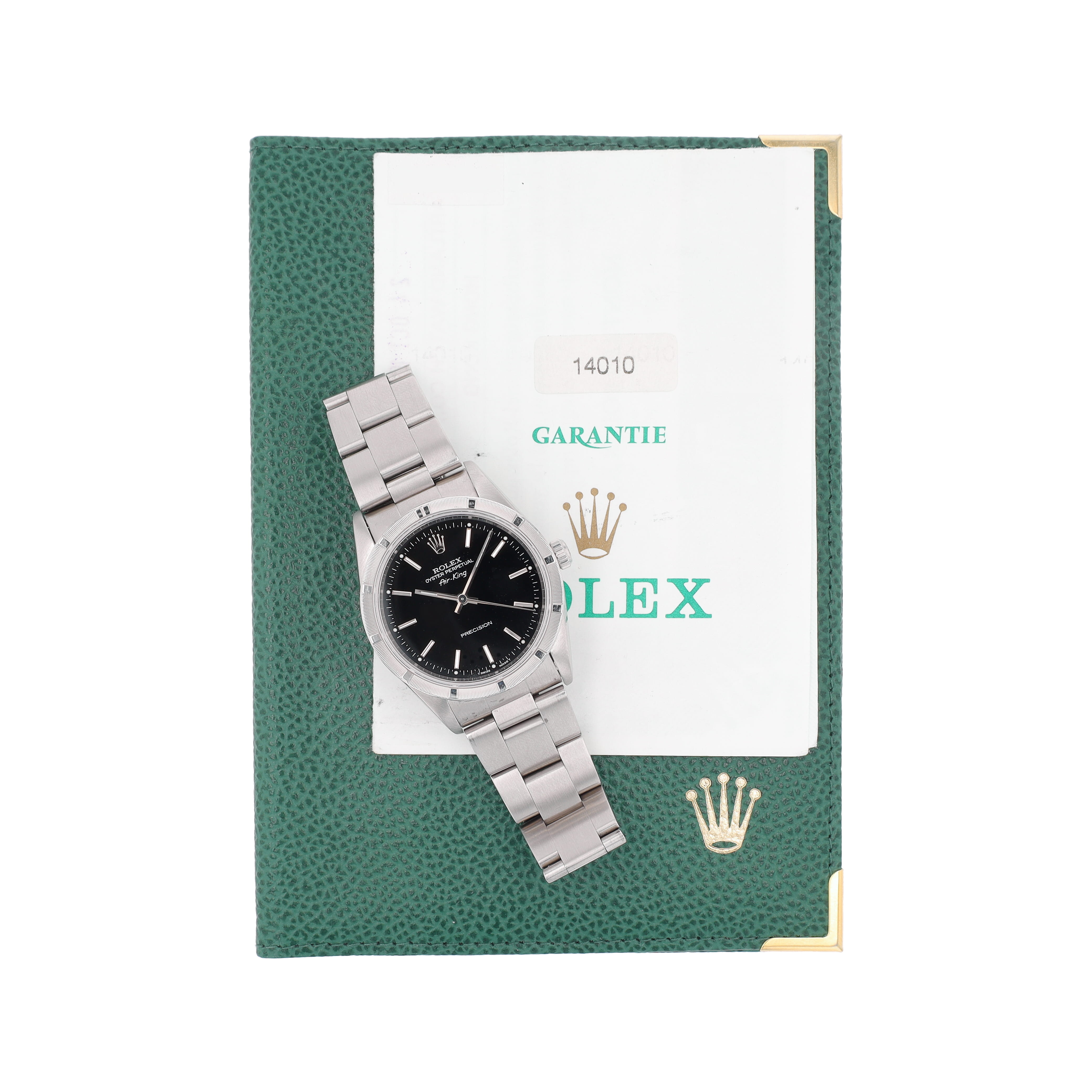 B&P Rolex Air-King 14010 34mm Black Index Dial Engine Turned Bezel Oyster Band - Luxuriant Concierge