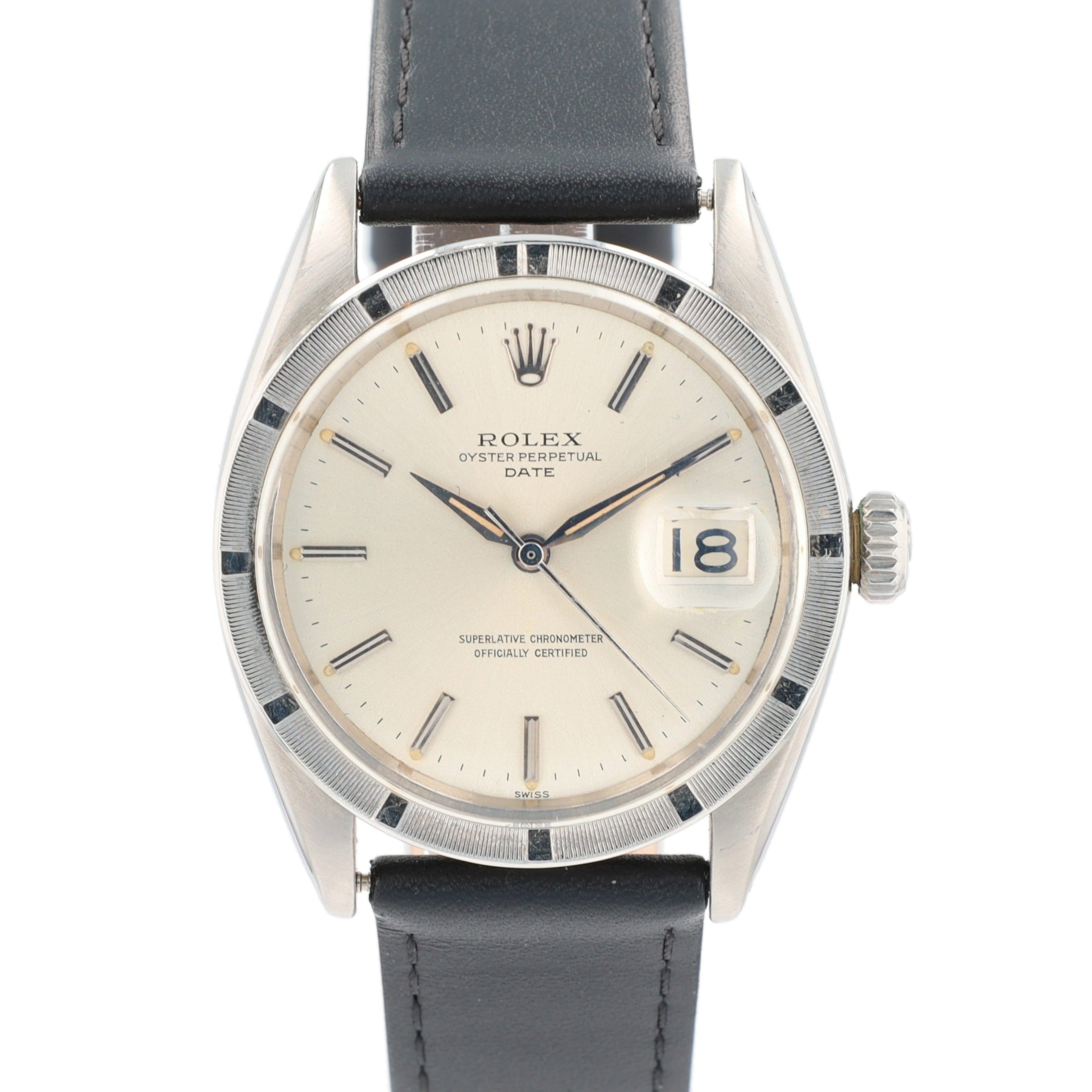Rolex Date 1501 36mm Silver Index Dial Engine-Turned Bezel Black Band - Luxuriant Concierge