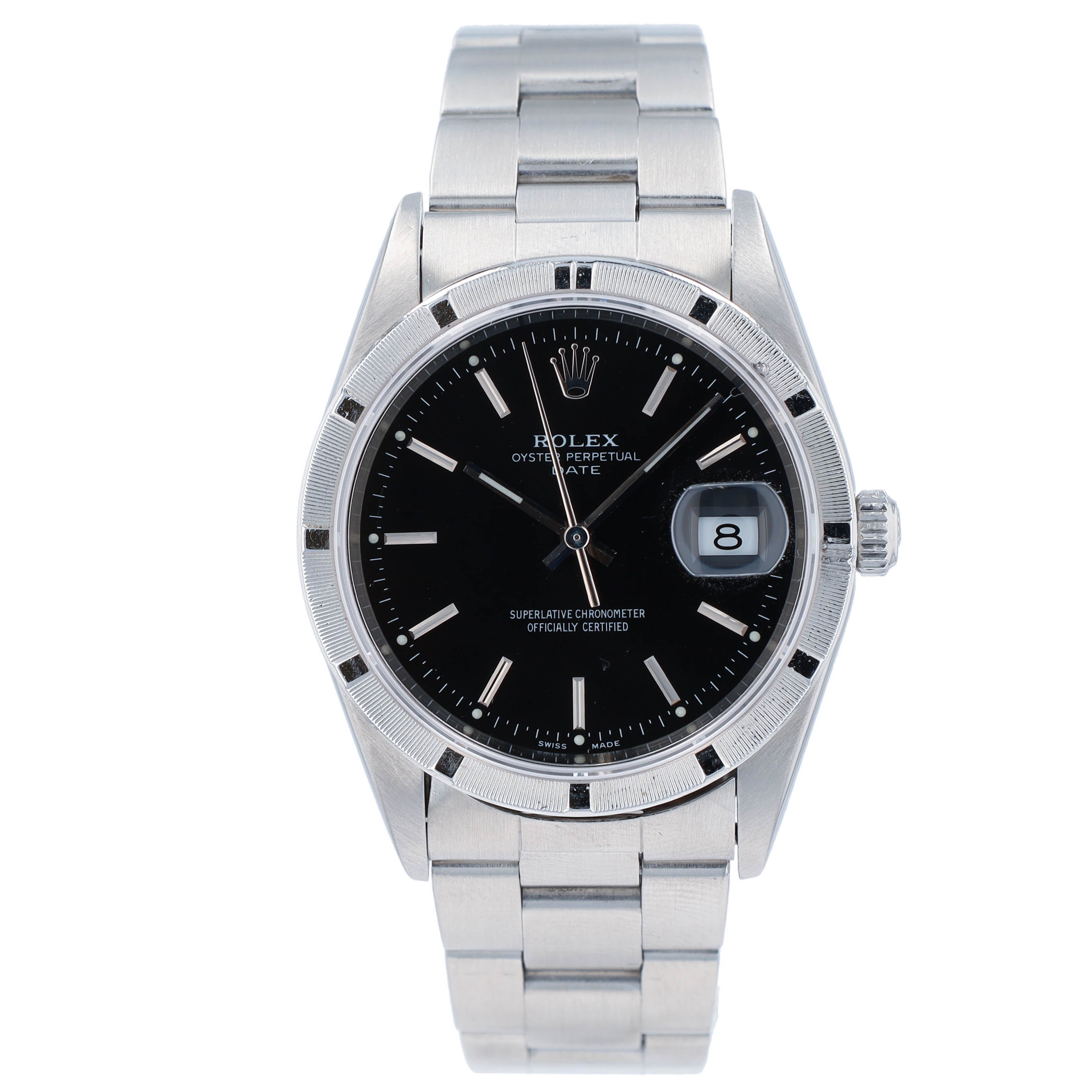 Rolex Date 15210 34mm Black Index Dial Engine-Turned Bezel Oyster Watch - Luxuriant Concierge