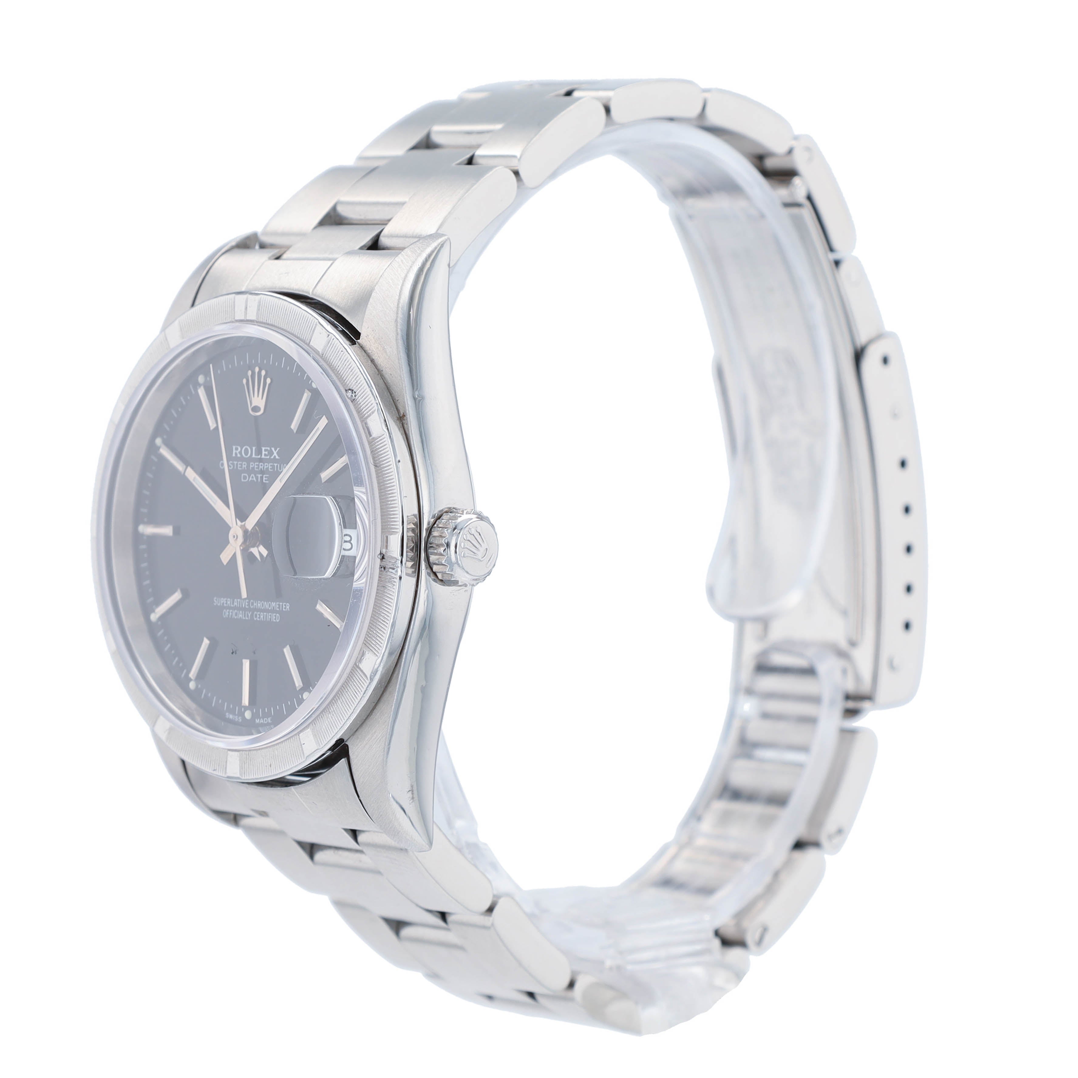 Rolex Date 15210 34mm Black Index Dial Engine-Turned Bezel Oyster Watch - Luxuriant Concierge