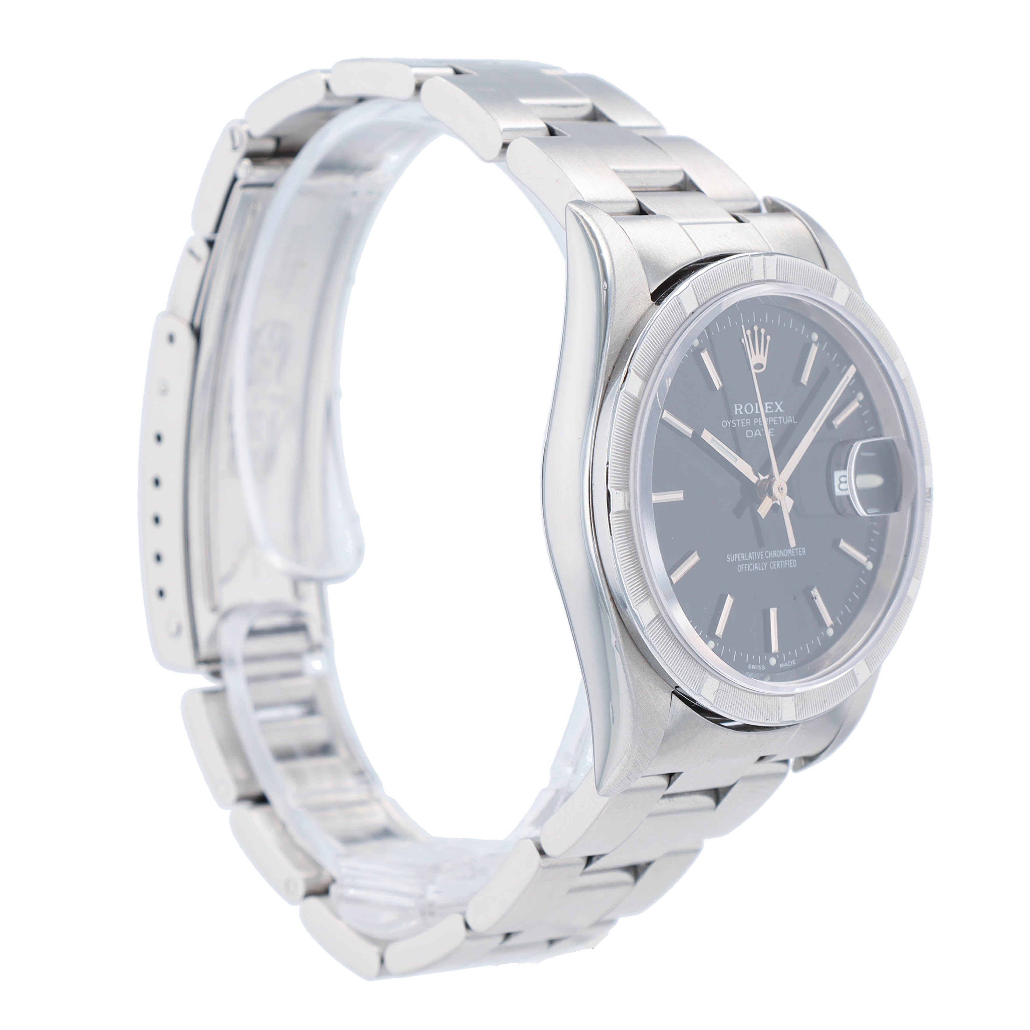 Rolex Date 15210 34mm Black Index Dial Engine-Turned Bezel Oyster Watch - Luxuriant Concierge