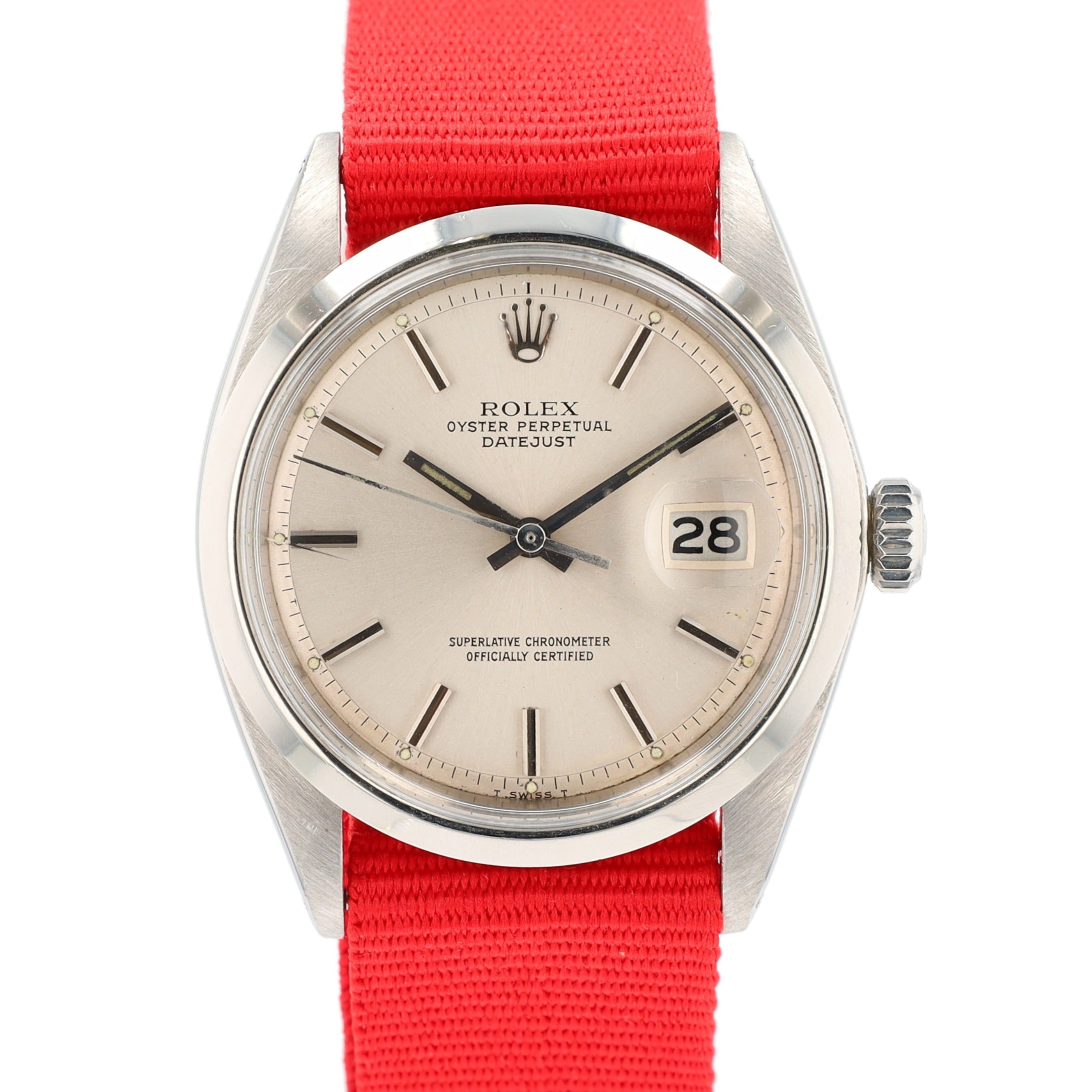 Rolex Datejust 1600 36mm Silver Curved Fatboy Index Dial Smooth Bezel Brown Band - Luxuriant Concierge