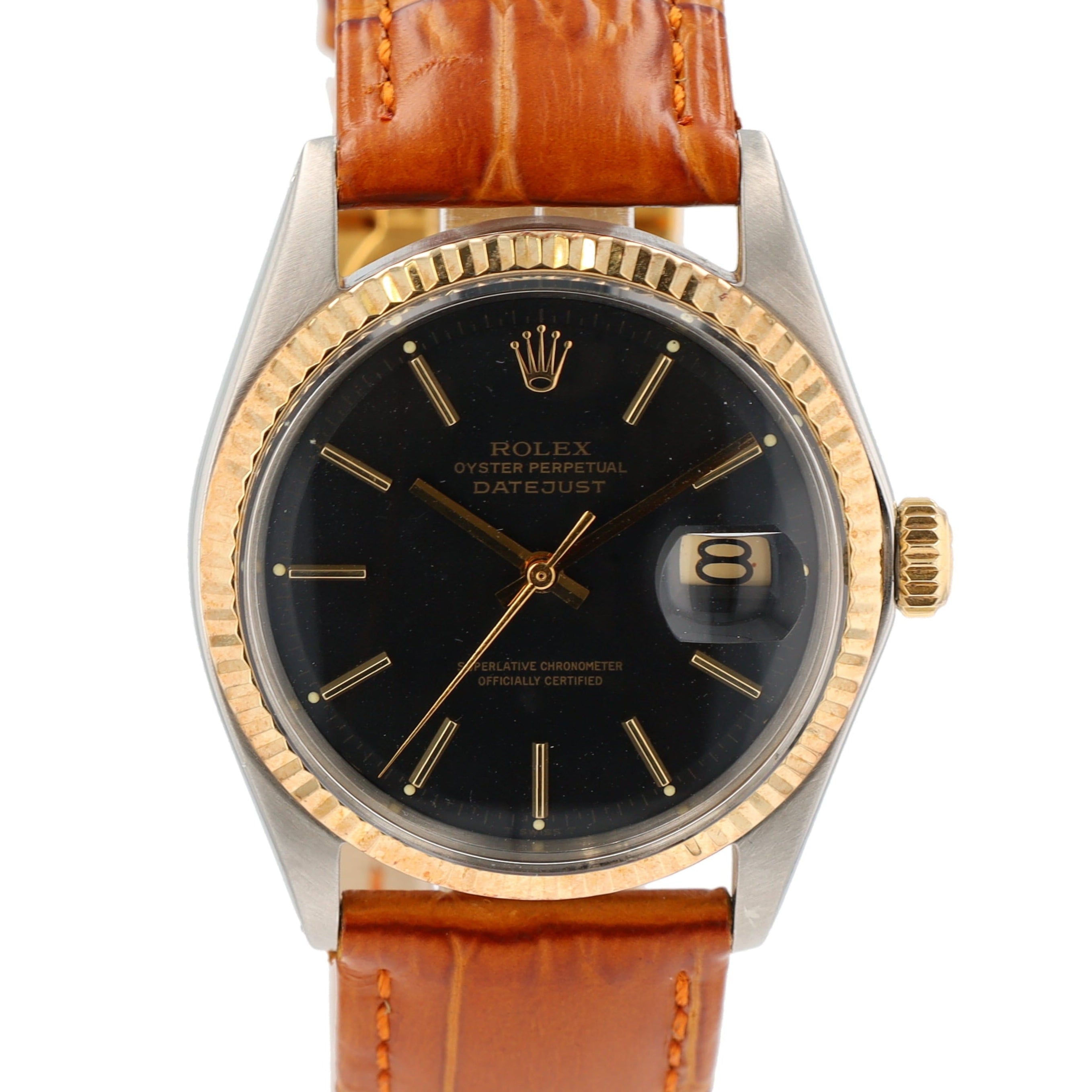 Rolex Datejust  1601 36mm Black Index Dial Fluted Bezel Brown Band