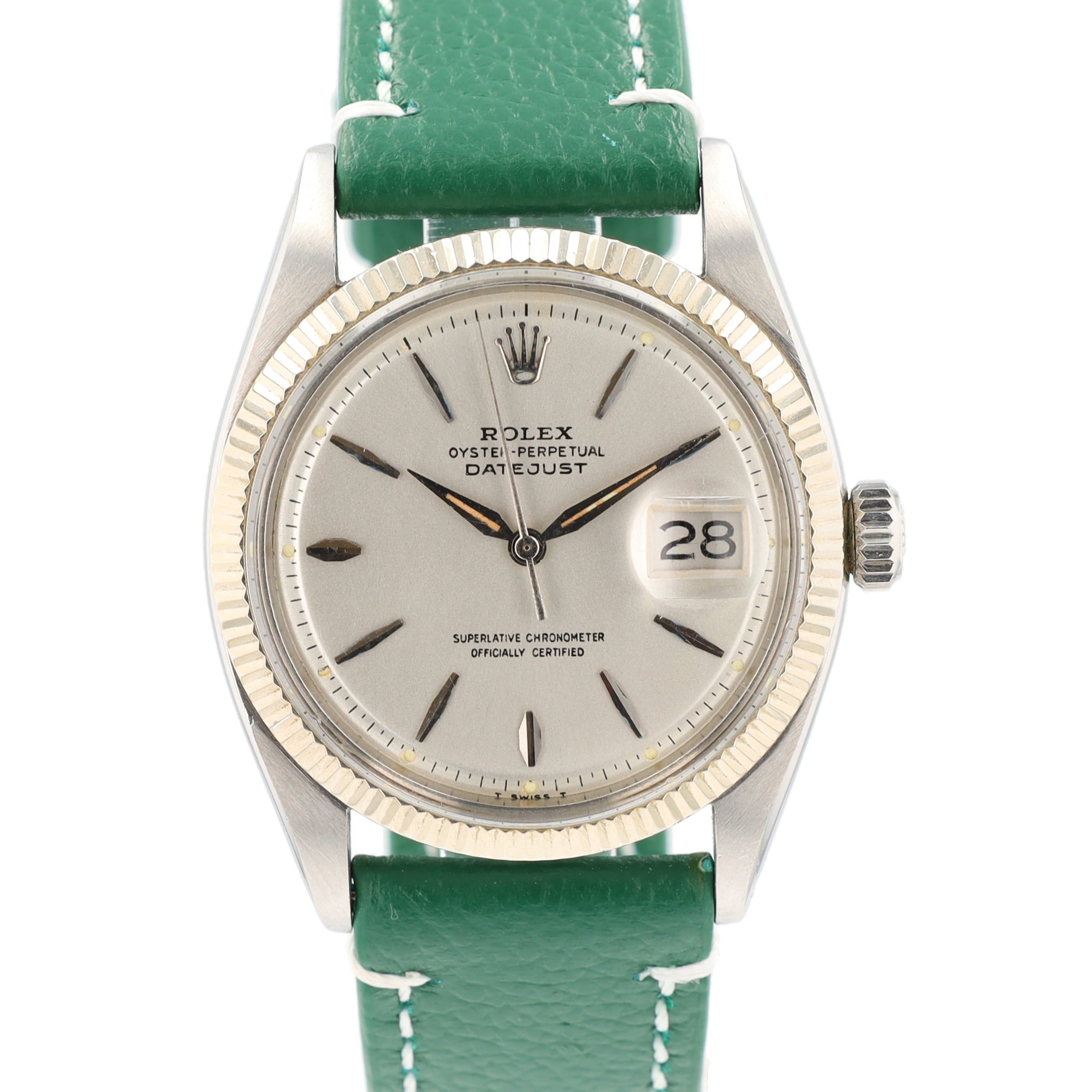 Rolex Datejust  1601 36mm Silver Dauphine 8+2 Pointed Index Dial Fluted Bezel AM Green Leather Band - Luxuriant Concierge