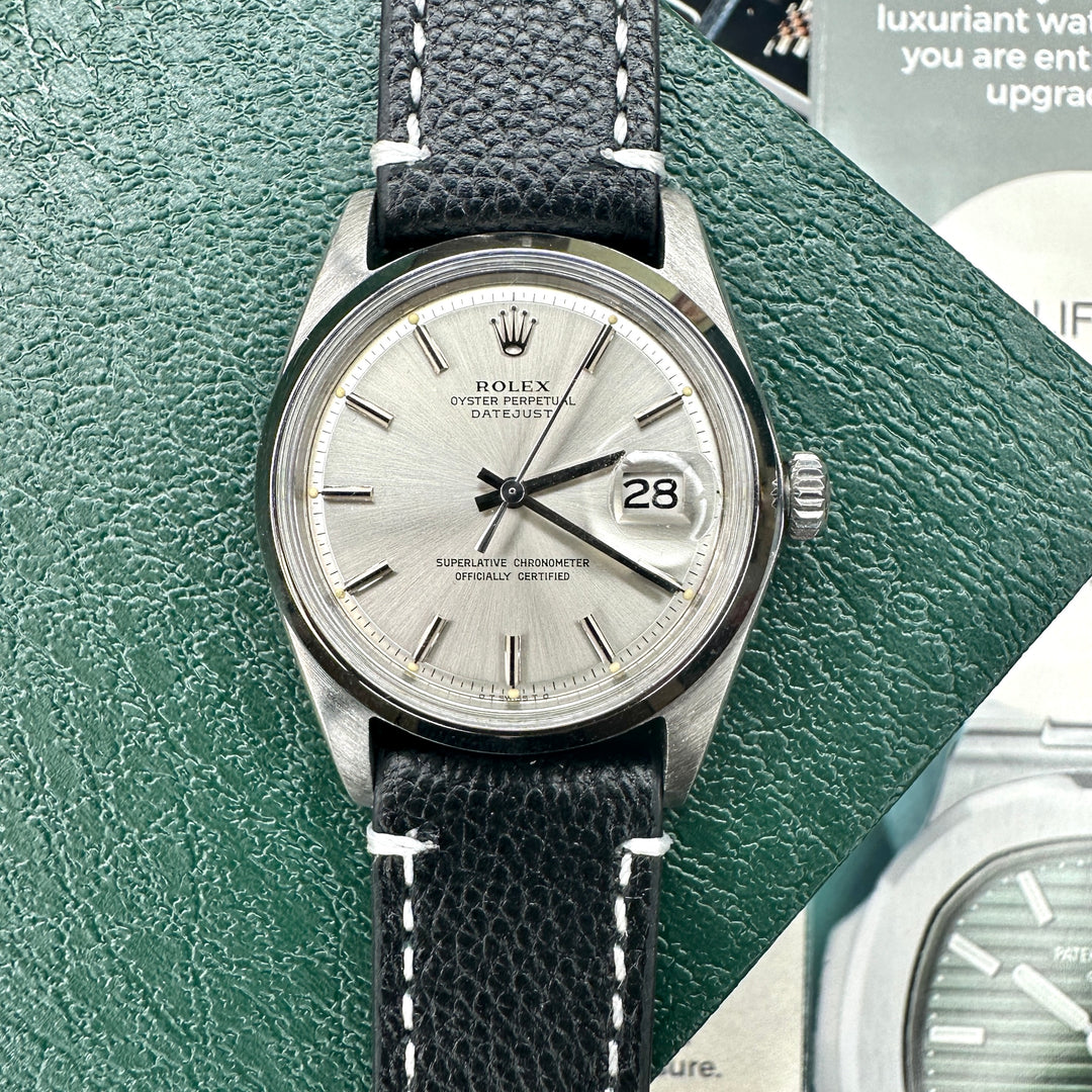 Rolex Datejust Silver Dial Black Leather Band 1601 - Luxuriant Concierge