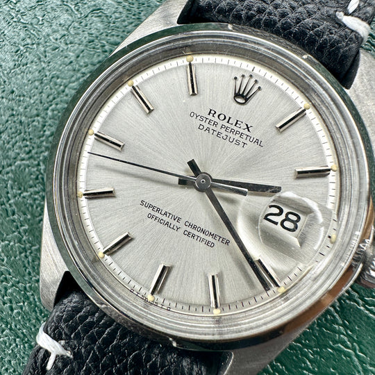 Rolex Datejust Silver Dial Black Leather Band 1601 - Luxuriant Concierge