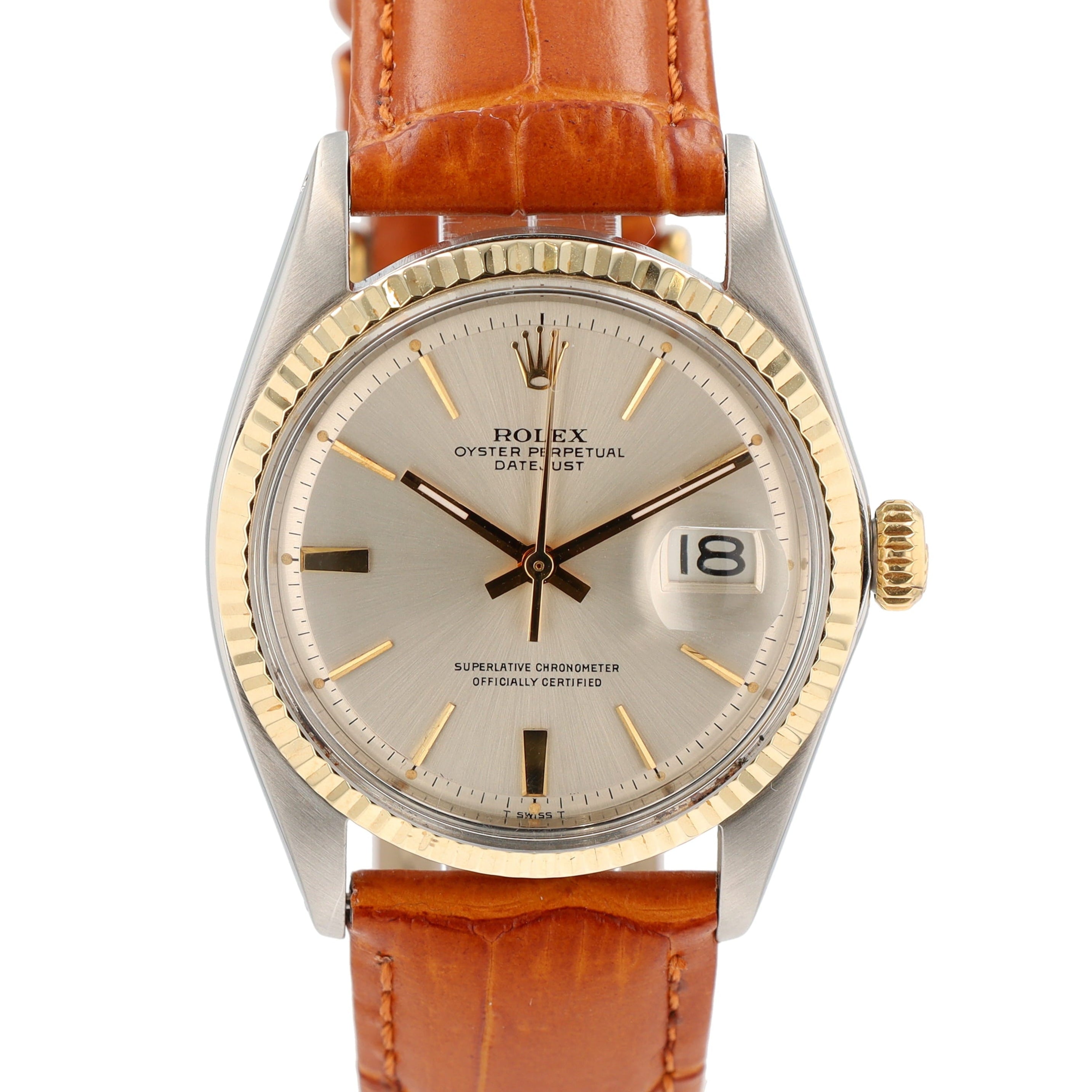 Rolex Datejust  1601 36mm Silver Index 8+2 Dial Fluted Bezel Brown Band - Luxuriant Concierge