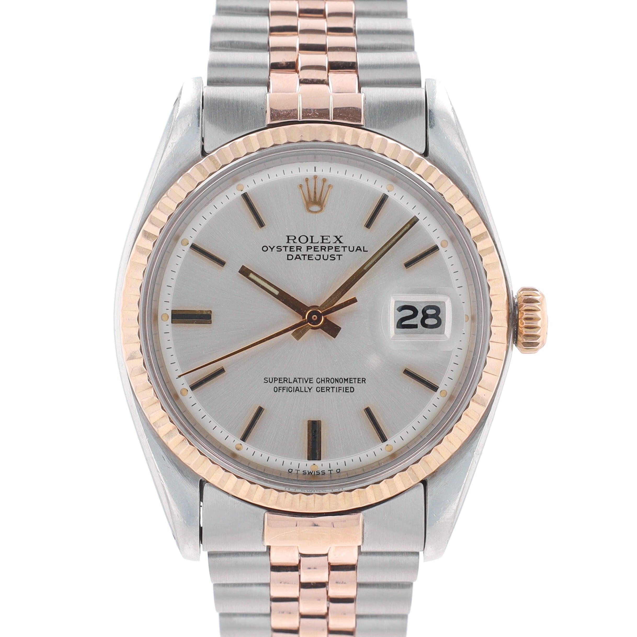 Rolex RARE Rosegold Datejust 1601 36mm Silver Index Dial Fluted Bezel Jubilee Band - Luxuriant Concierge
