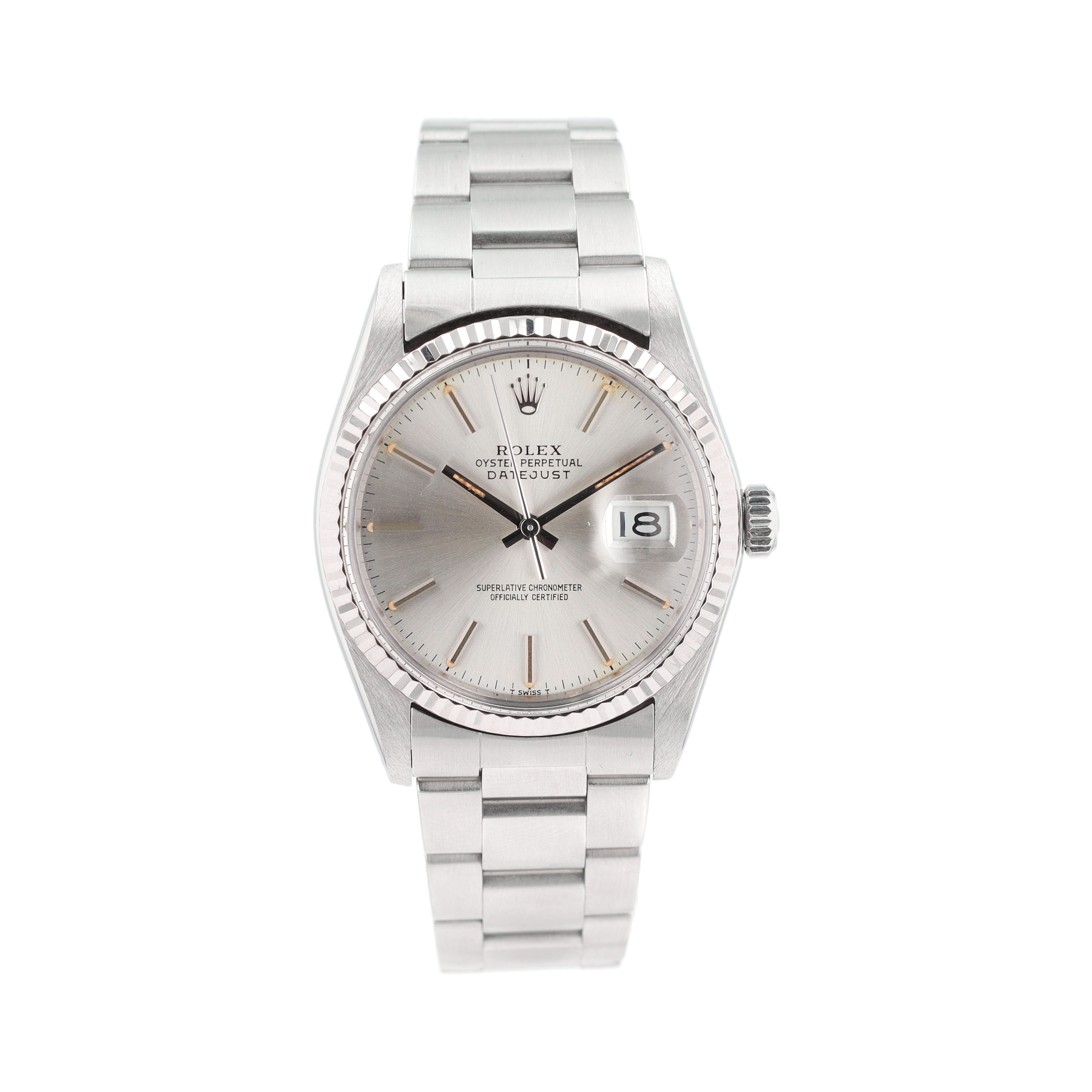 B&P Rolex Datejust 16014 36mm Silver Index Dial Fluted Bezel Oyster Band - Luxuriant Concierge