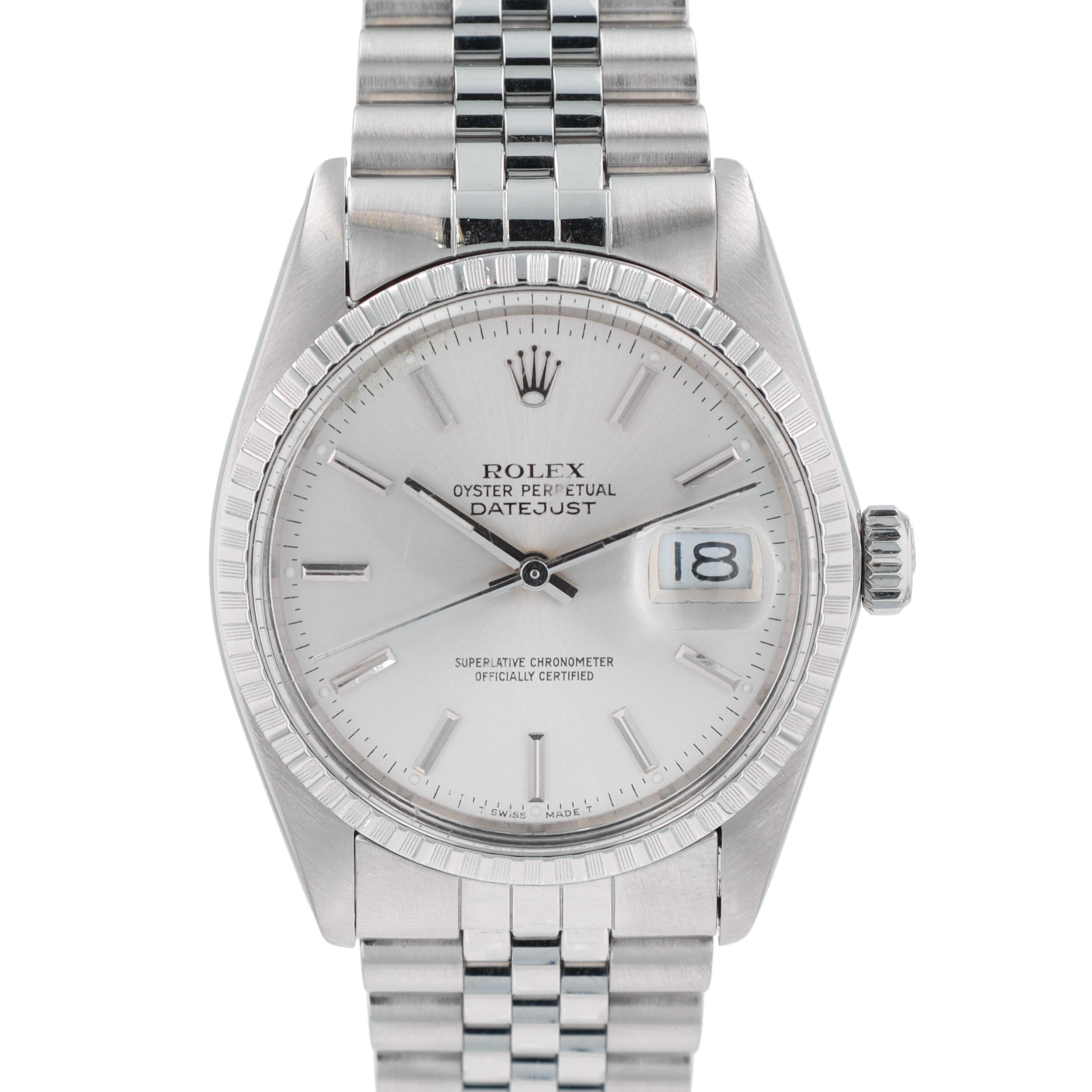 Rolex Datejust 16030 36mm Silver Index Dial Engine-Turned Bezel Jubilee Band - Luxuriant Concierge