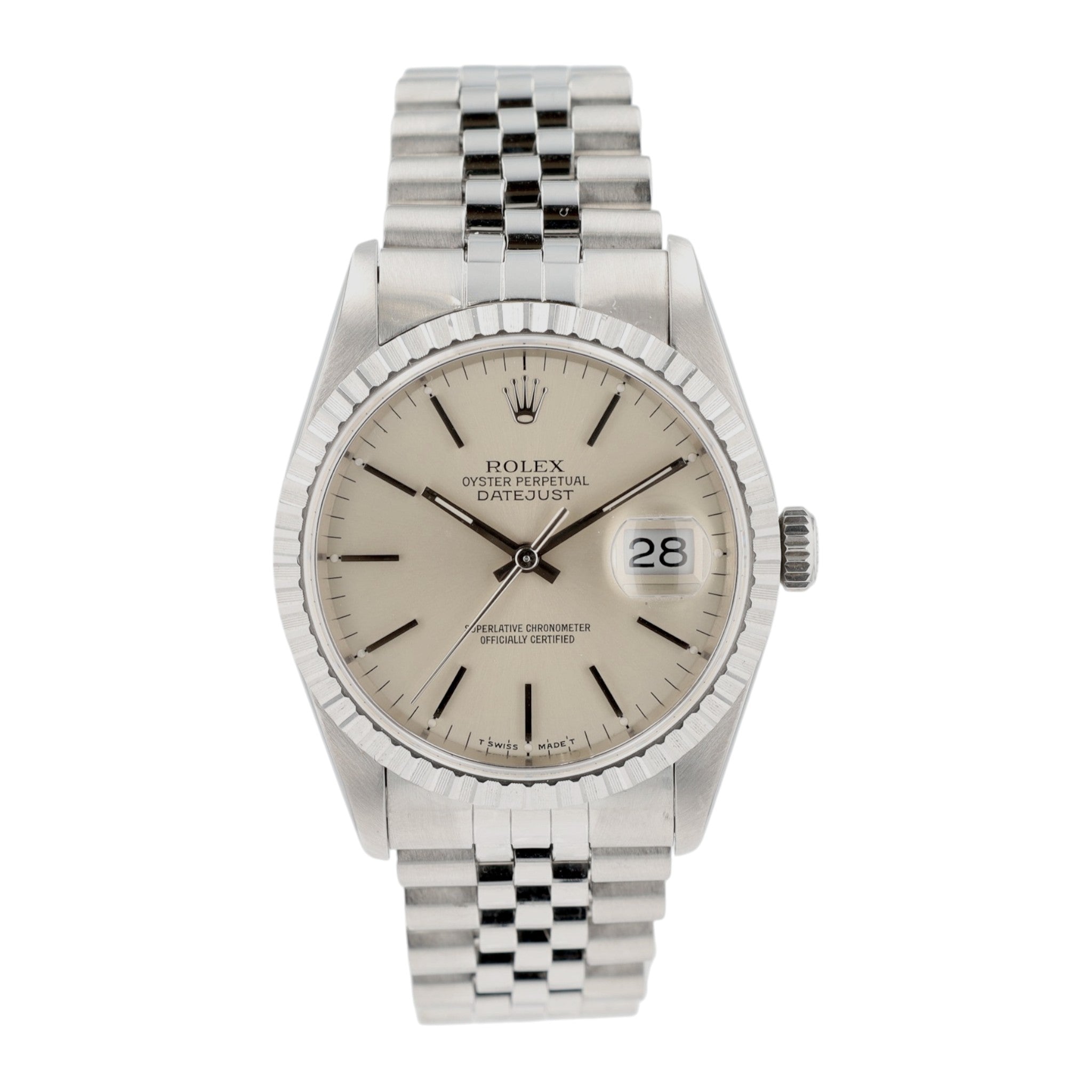 Rolex Datejust 16220 36mm Silver Index Dial Engine-Turned Bezel Jubilee Band