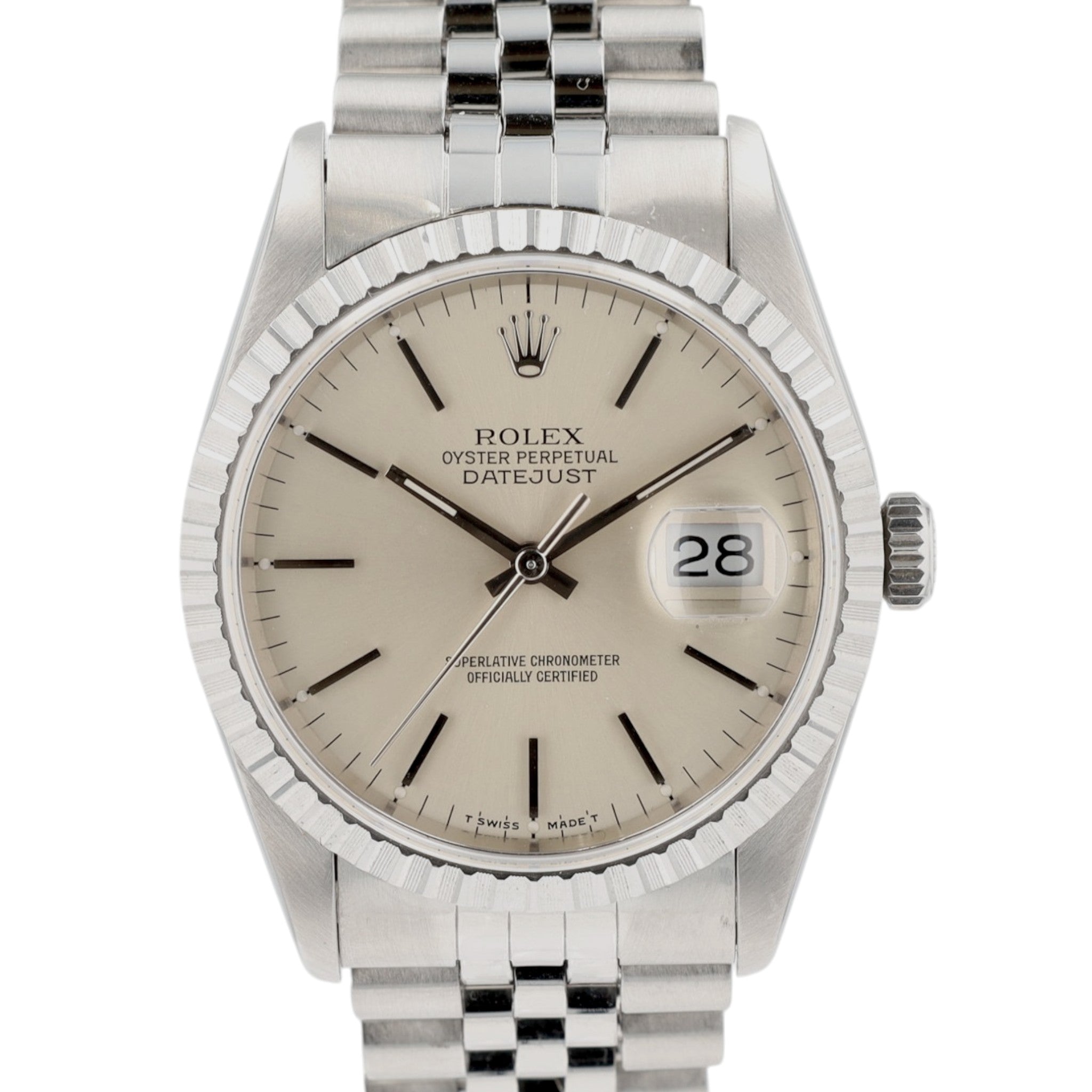 Rolex Datejust 16220 36mm Silver Index Dial Engine-Turned Bezel Jubilee Band