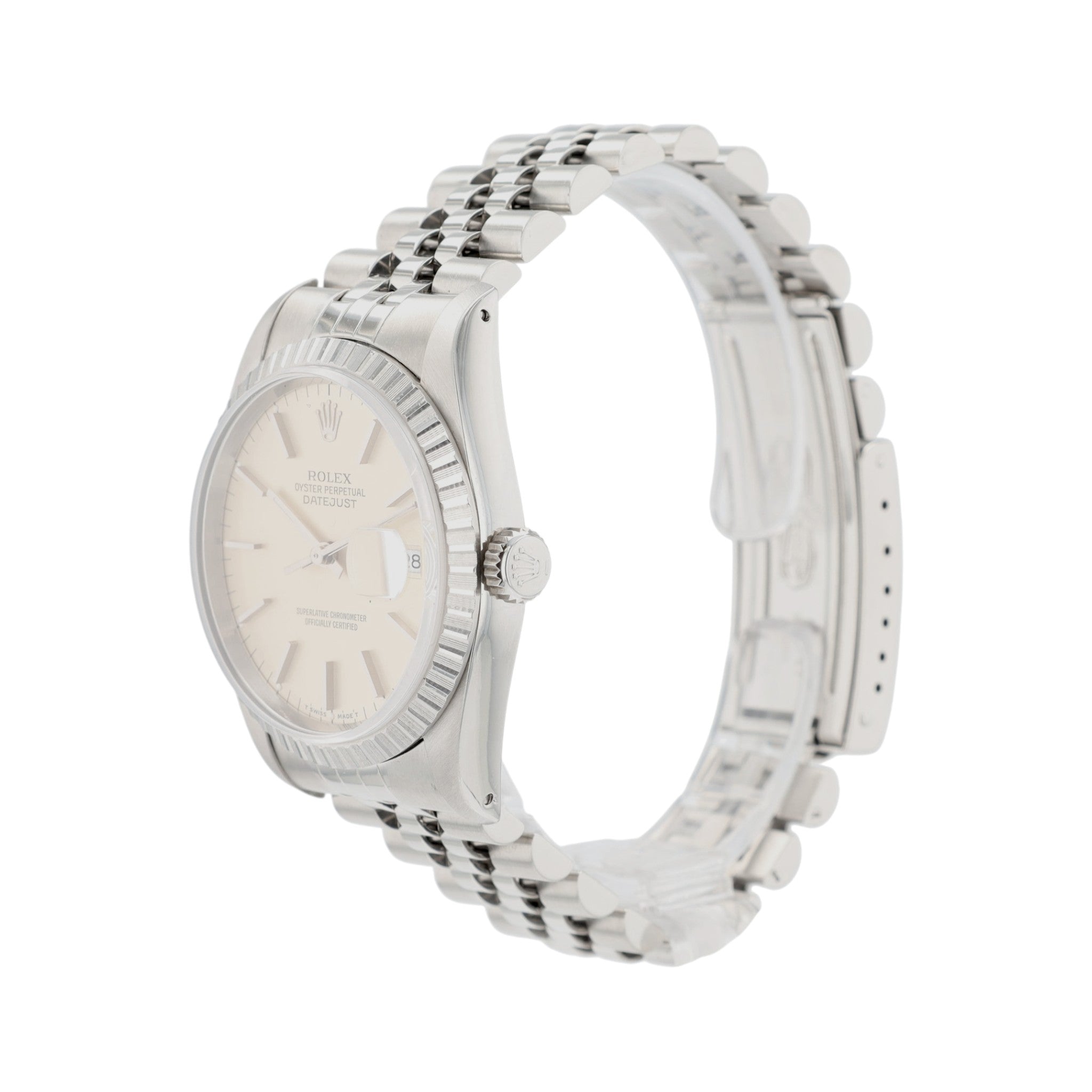 Rolex Datejust 16220 36mm Silver Index Dial Engine-Turned Bezel Jubilee Band