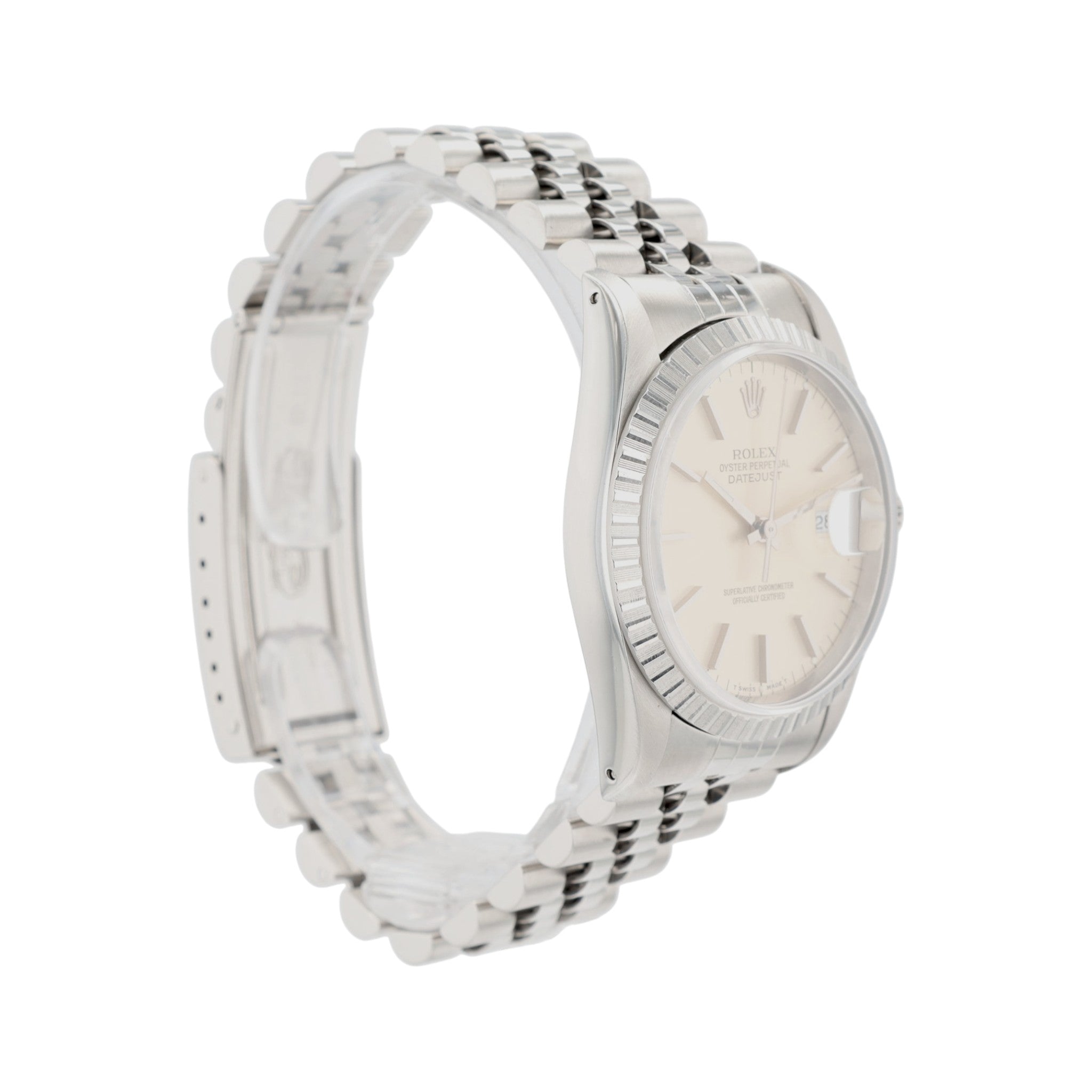 Rolex Datejust 16220 36mm Silver Index Dial Engine-Turned Bezel Jubilee Band