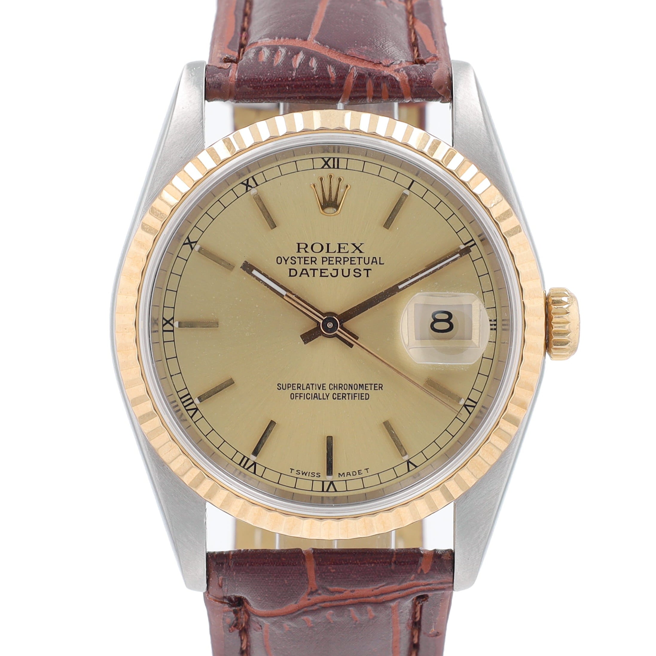 Rolex Datejust  16233 36mm Champagne Index Dial Fluted Bezel AM Leather Band - Luxuriant Concierge