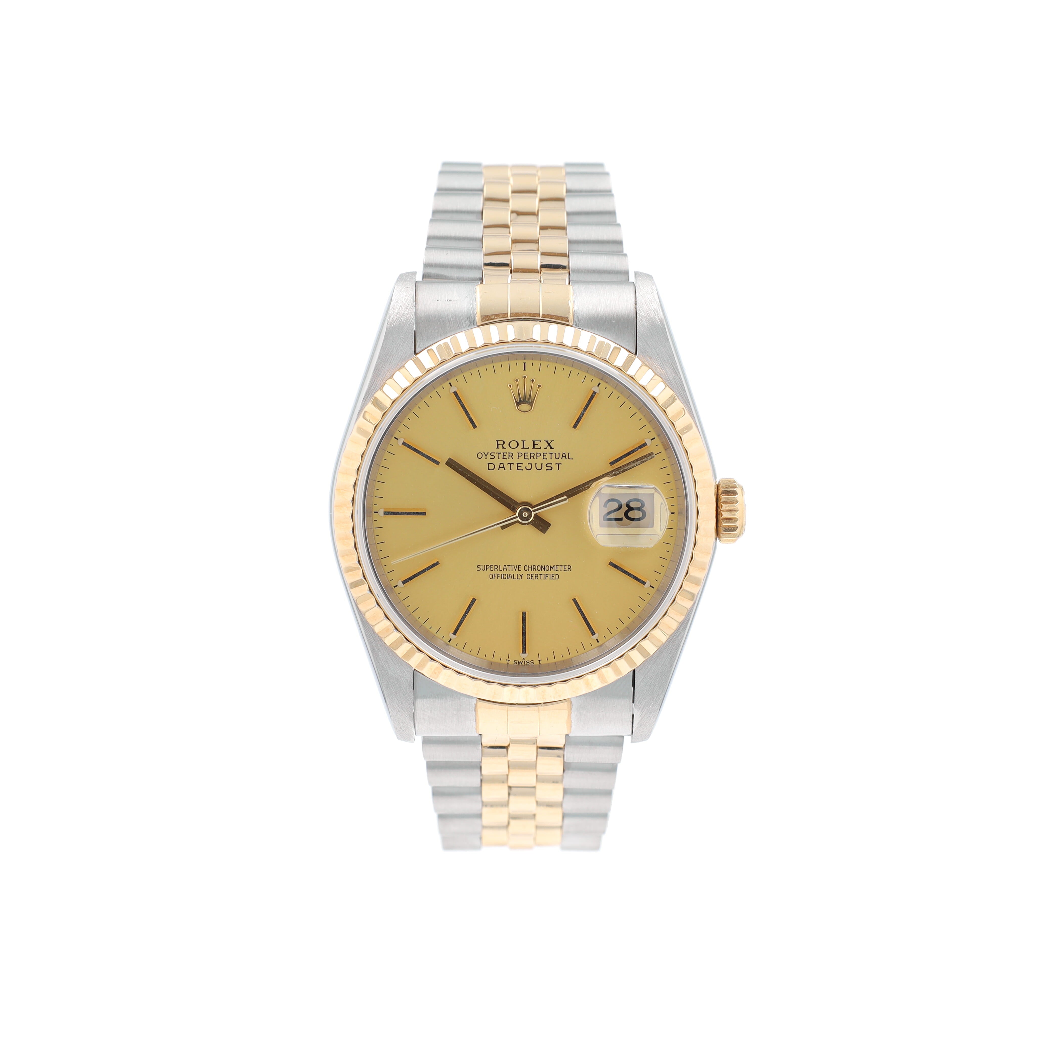 Rolex Datejust 16233 36mm Champagne Index Dial Fluted Bezel Jubilee Band - Luxuriant Concierge