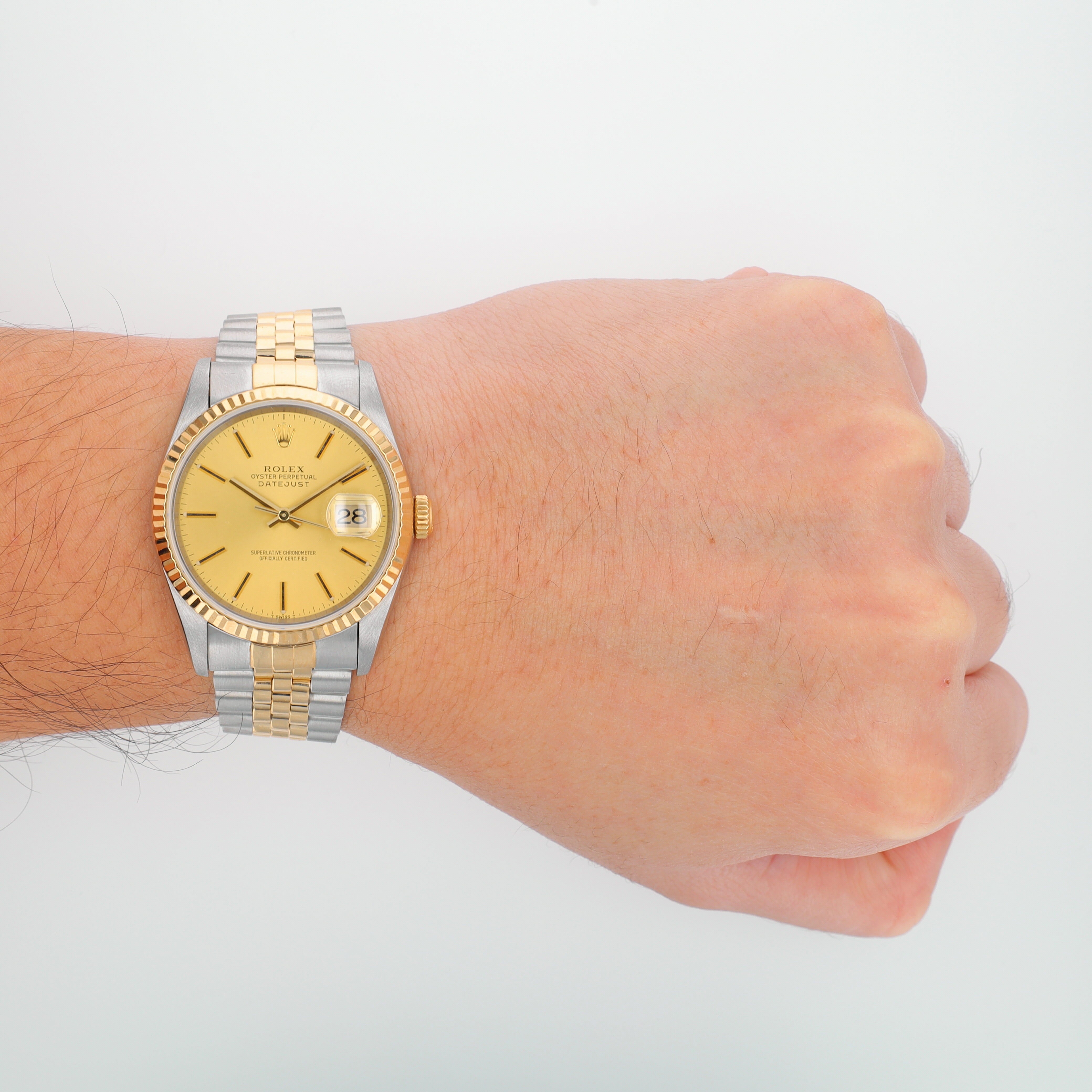 Rolex Datejust 16233 36mm Champagne Index Dial Fluted Bezel Jubilee Band - Luxuriant Concierge