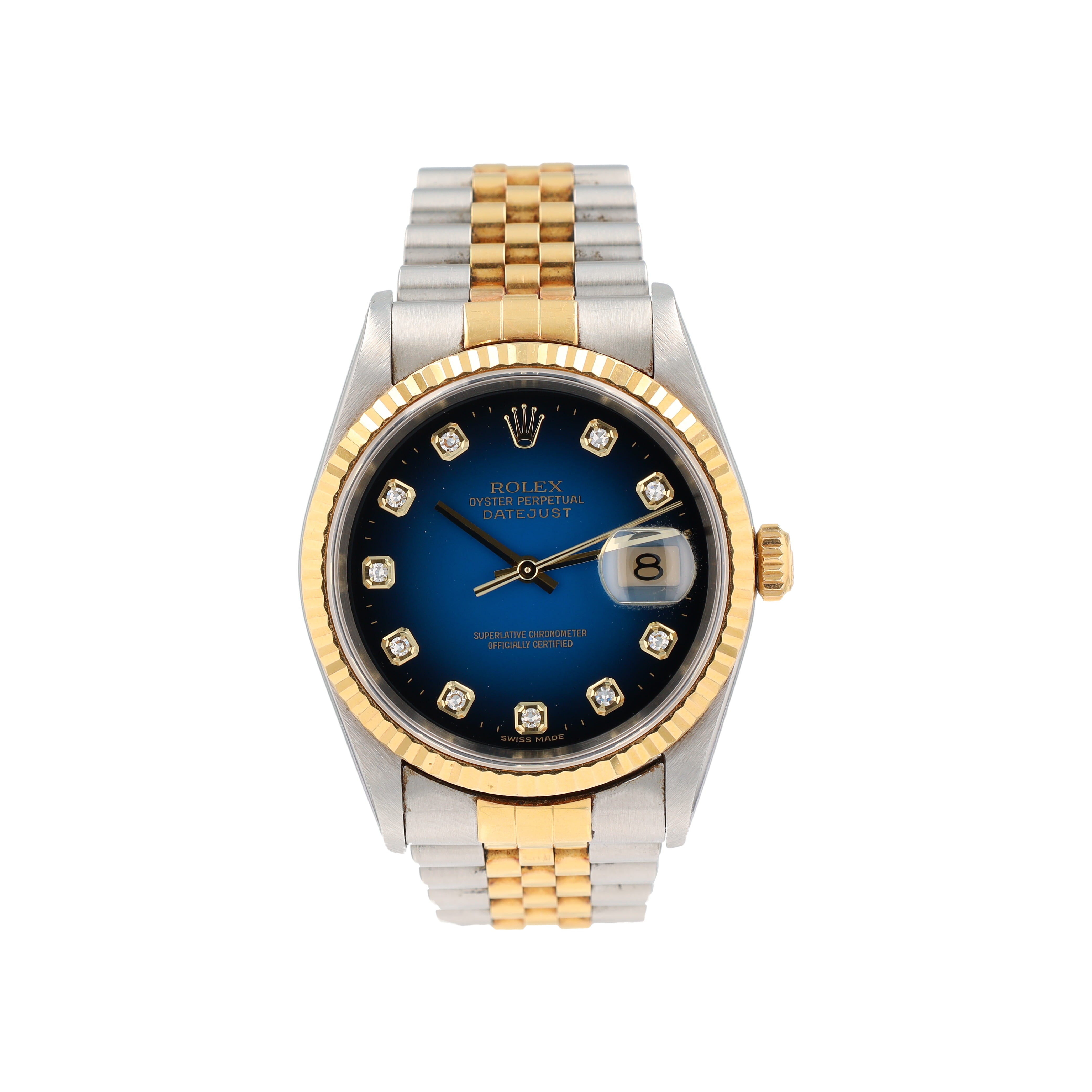 B&P Rolex Datejust 16233 36mm Blue Vignette Diamond (N.S) Dial Fluted Bezel Jubilee Band - Luxuriant Concierge