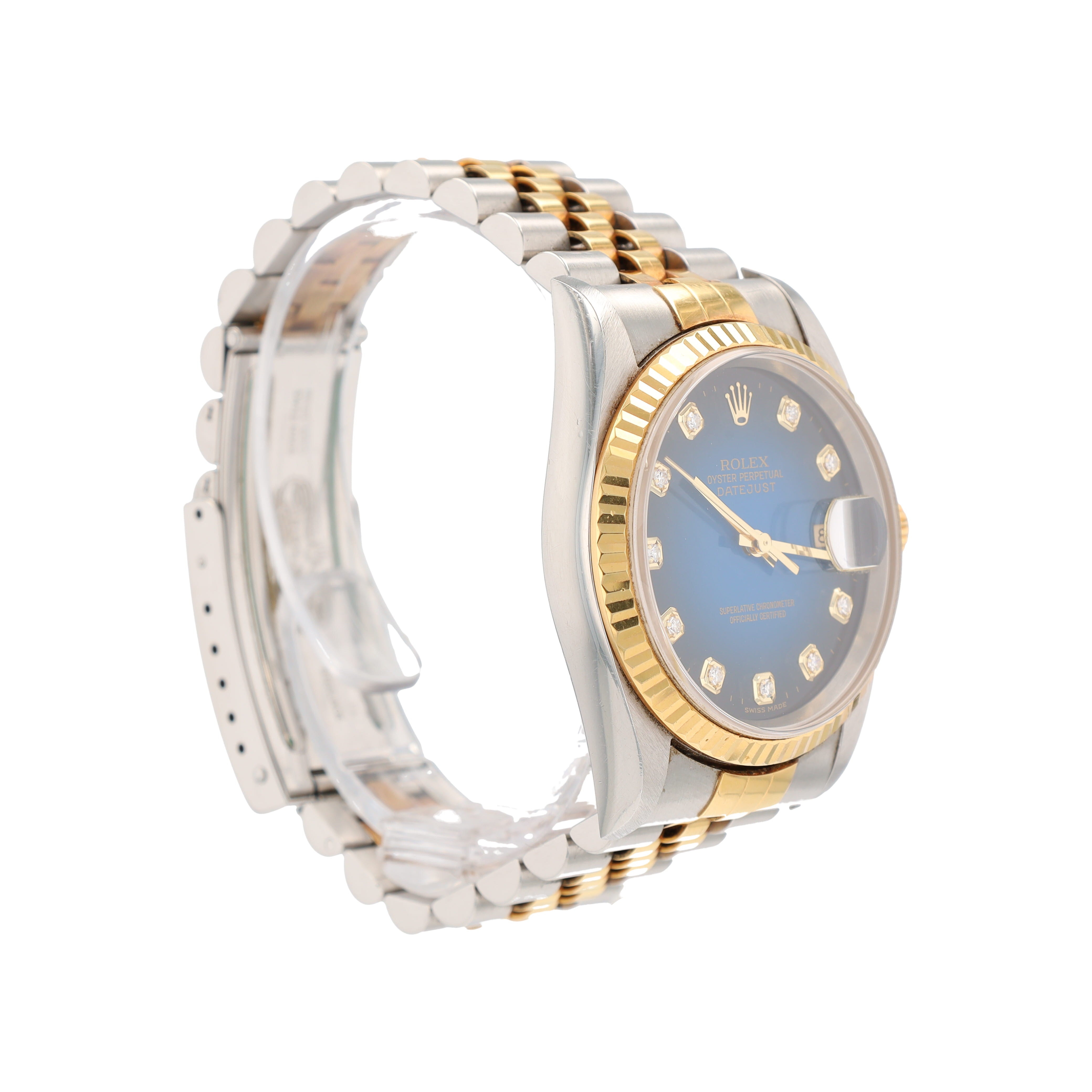 B&P Rolex Datejust 16233 36mm Blue Vignette Diamond (N.S) Dial Fluted Bezel Jubilee Band - Luxuriant Concierge