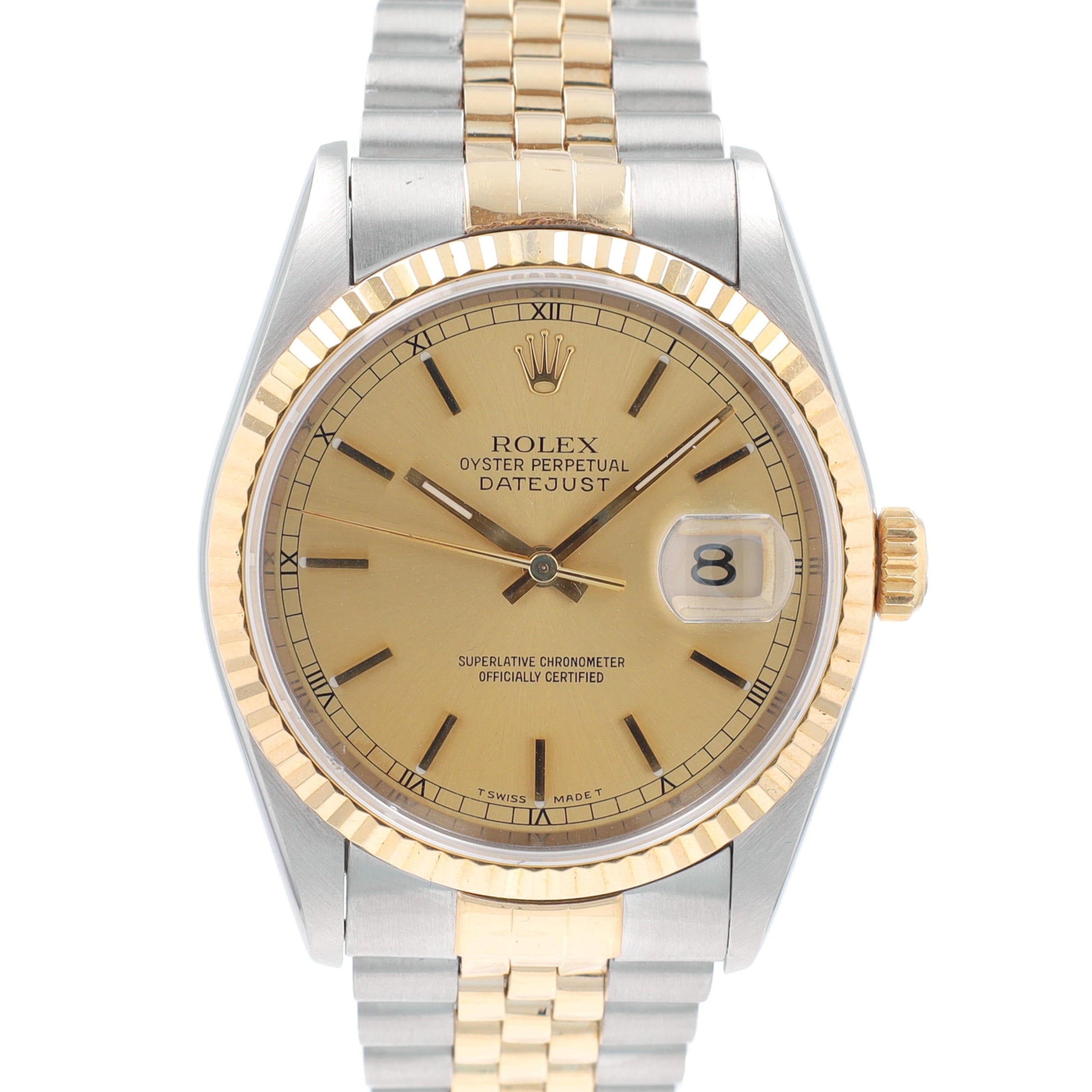 Rolex Datejust  16233 36mm Champagne Index Dial Fluted Bezel  Jubilee Band - Luxuriant Concierge