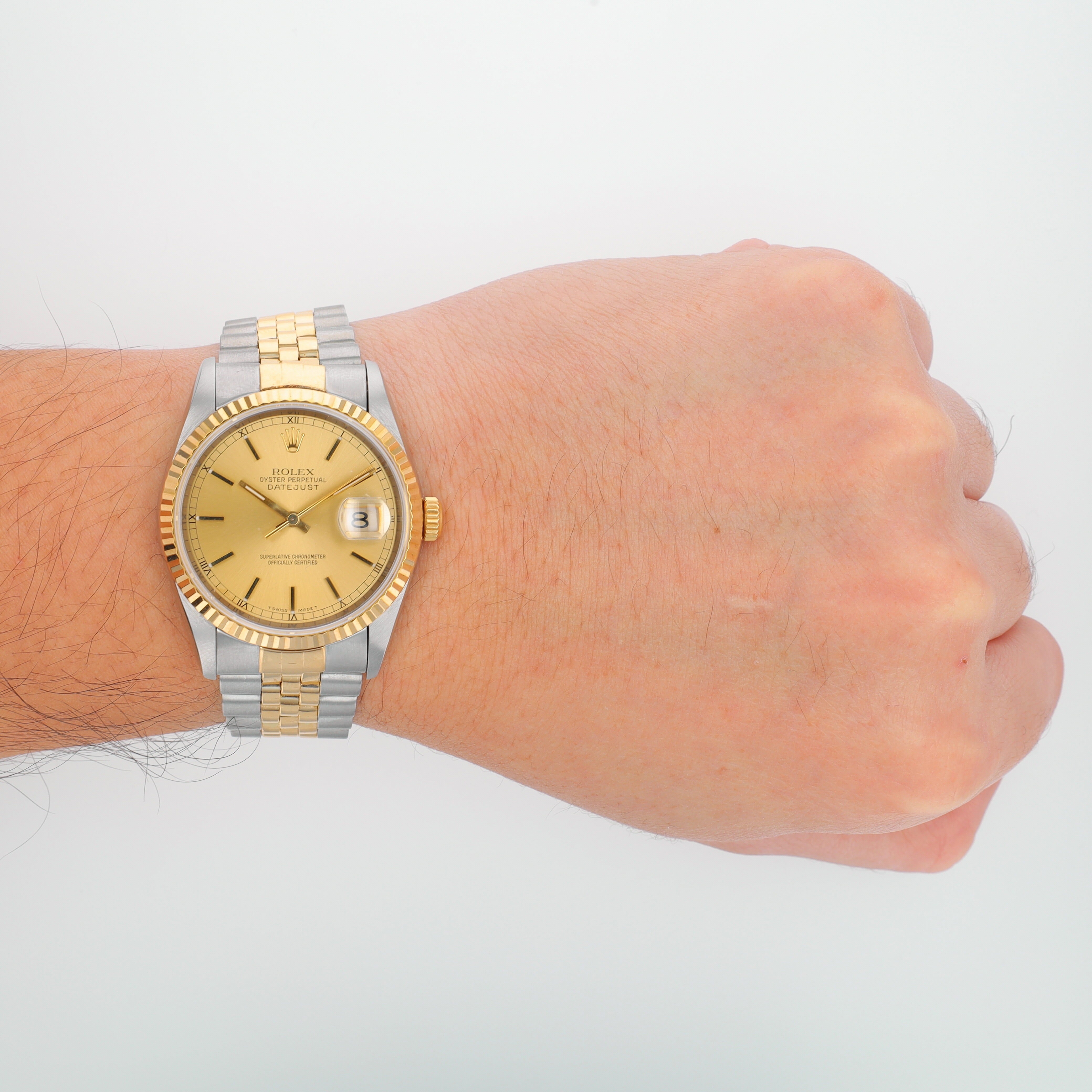 Rolex Datejust  16233 36mm Champagne Index Dial Fluted Bezel  Jubilee Band - Luxuriant Concierge