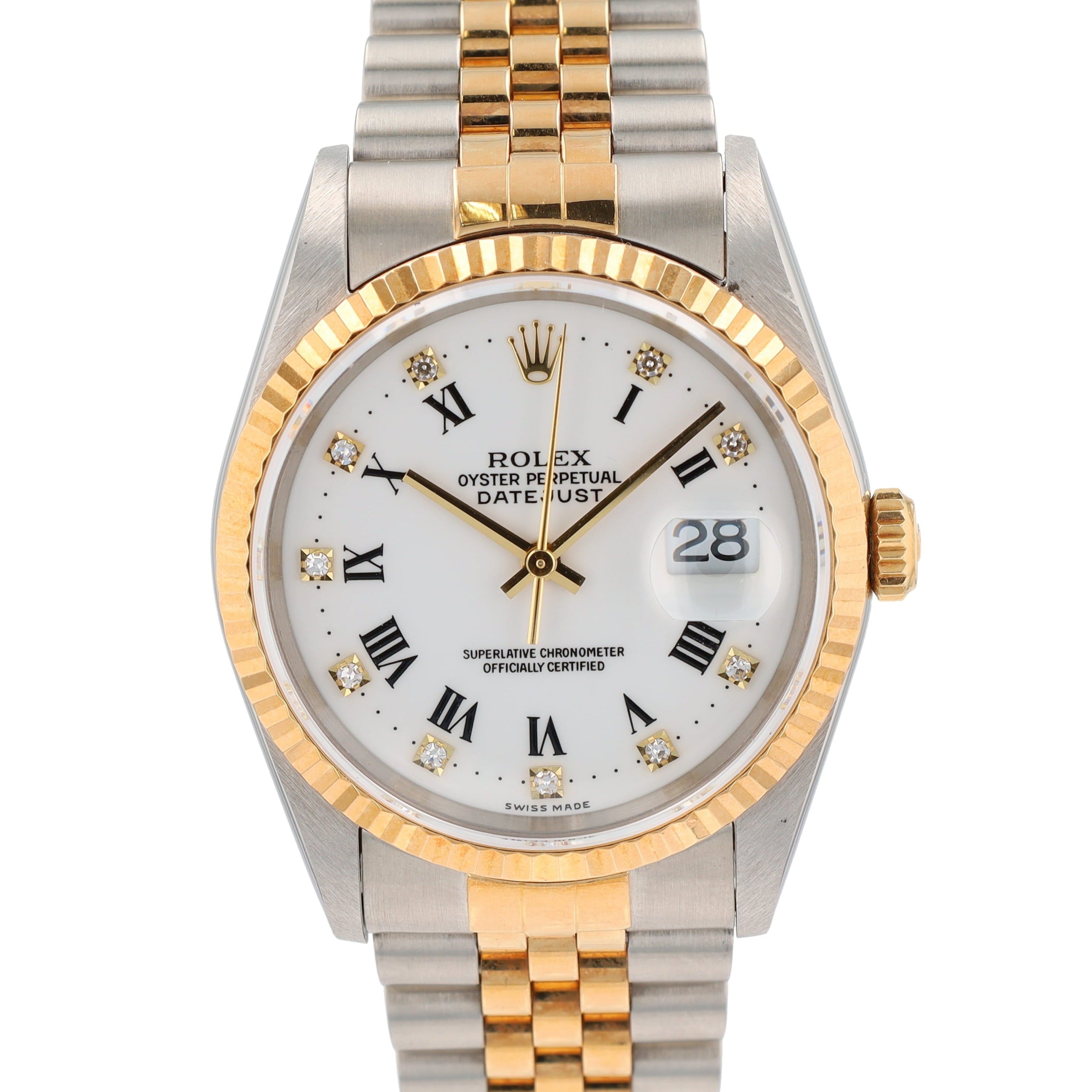 Rolex Datejust  16233 36mm White  Roman & Diamonds Dial Fluted Bezel Jubilee Band - Luxuriant Concierge