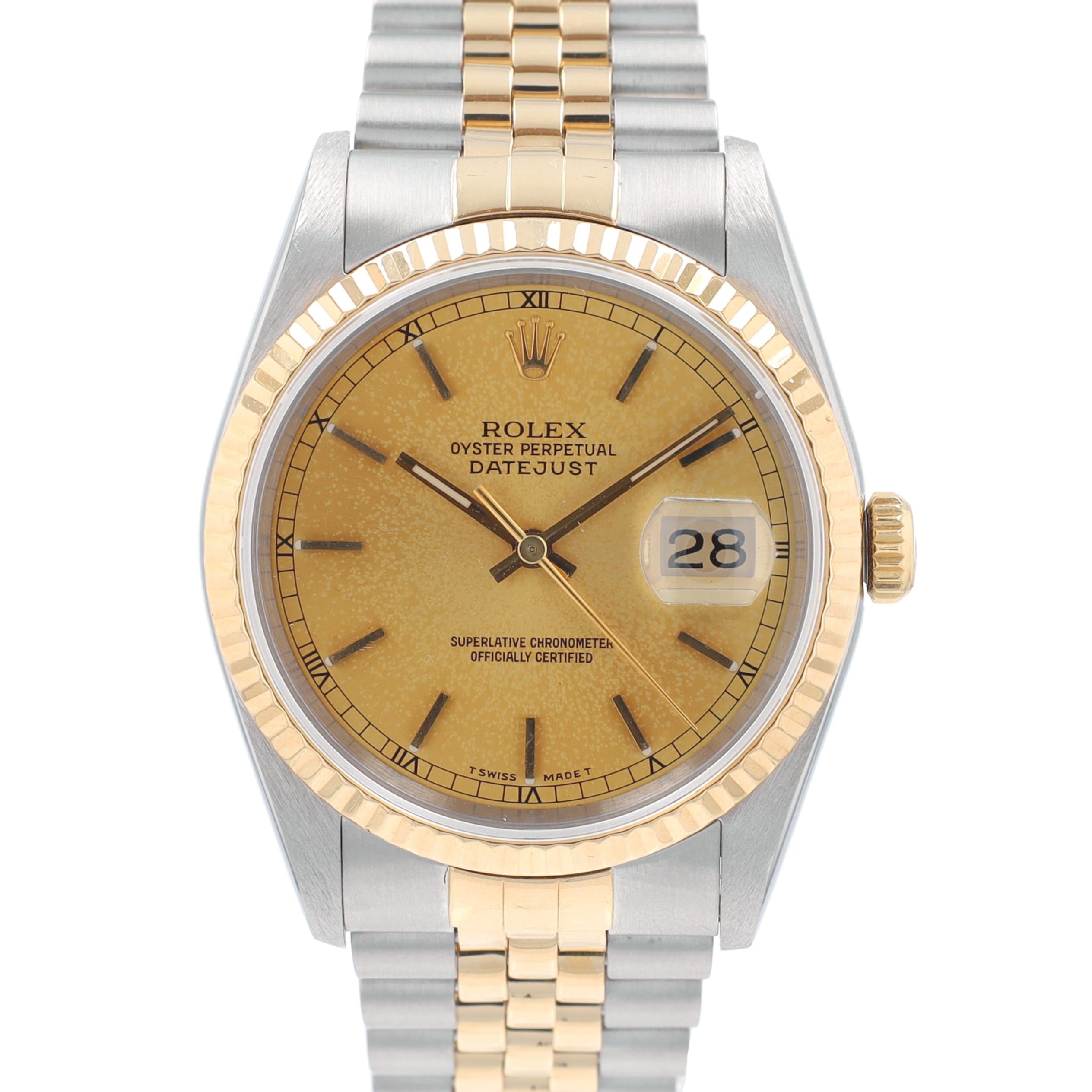 Rolex Datejust 16233 36mm Champagne Index Dial Fluted Bezel Jubilee Band - Luxuriant Concierge