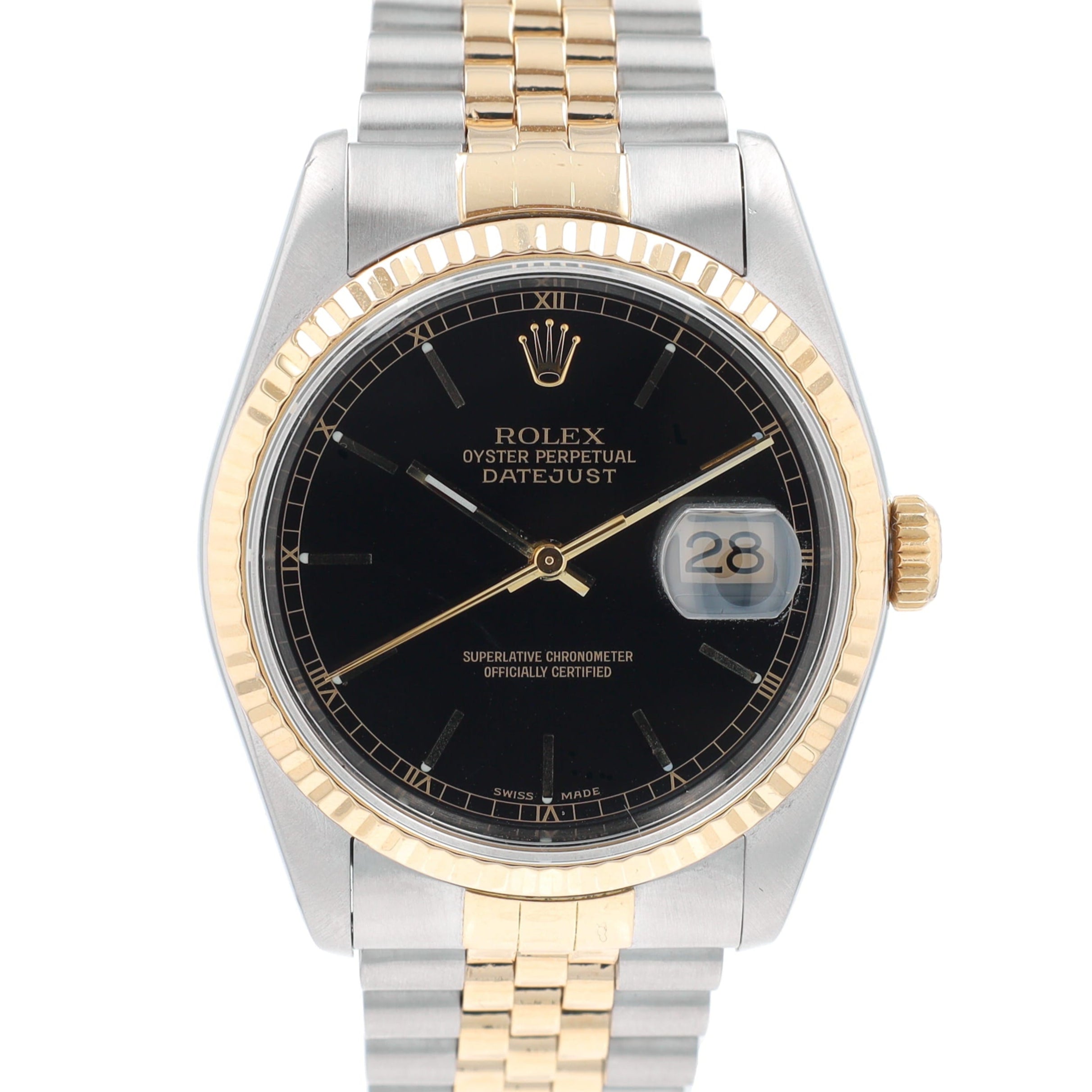 Rolex Datejust 16233 36mm Black Index Dial Fluted Bezel Jubilee Band - Luxuriant Concierge