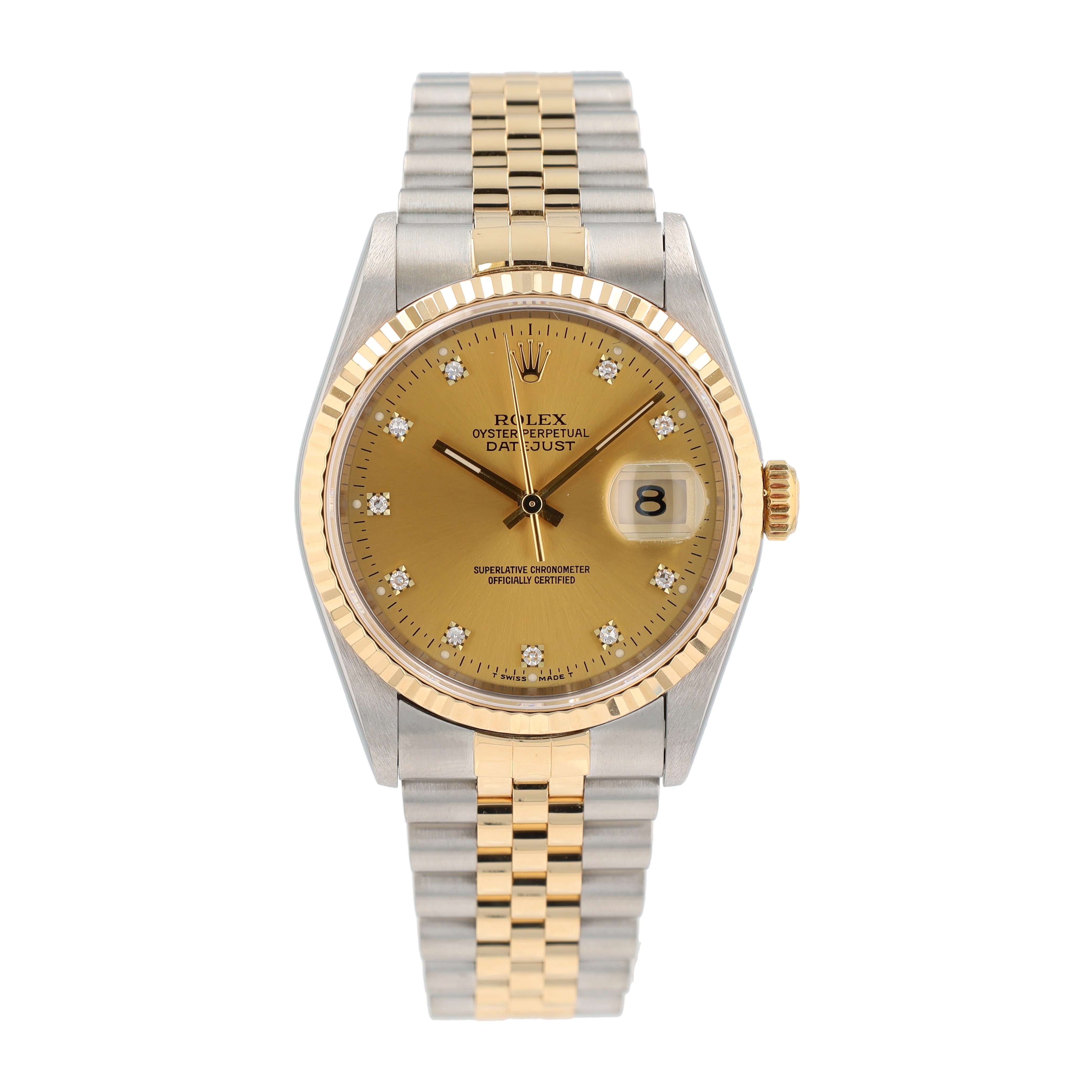 Rolex Datejust 16233 36mm Champagne Diamond OS Dial Fluted Bezel Jubilee Band - Luxuriant Concierge