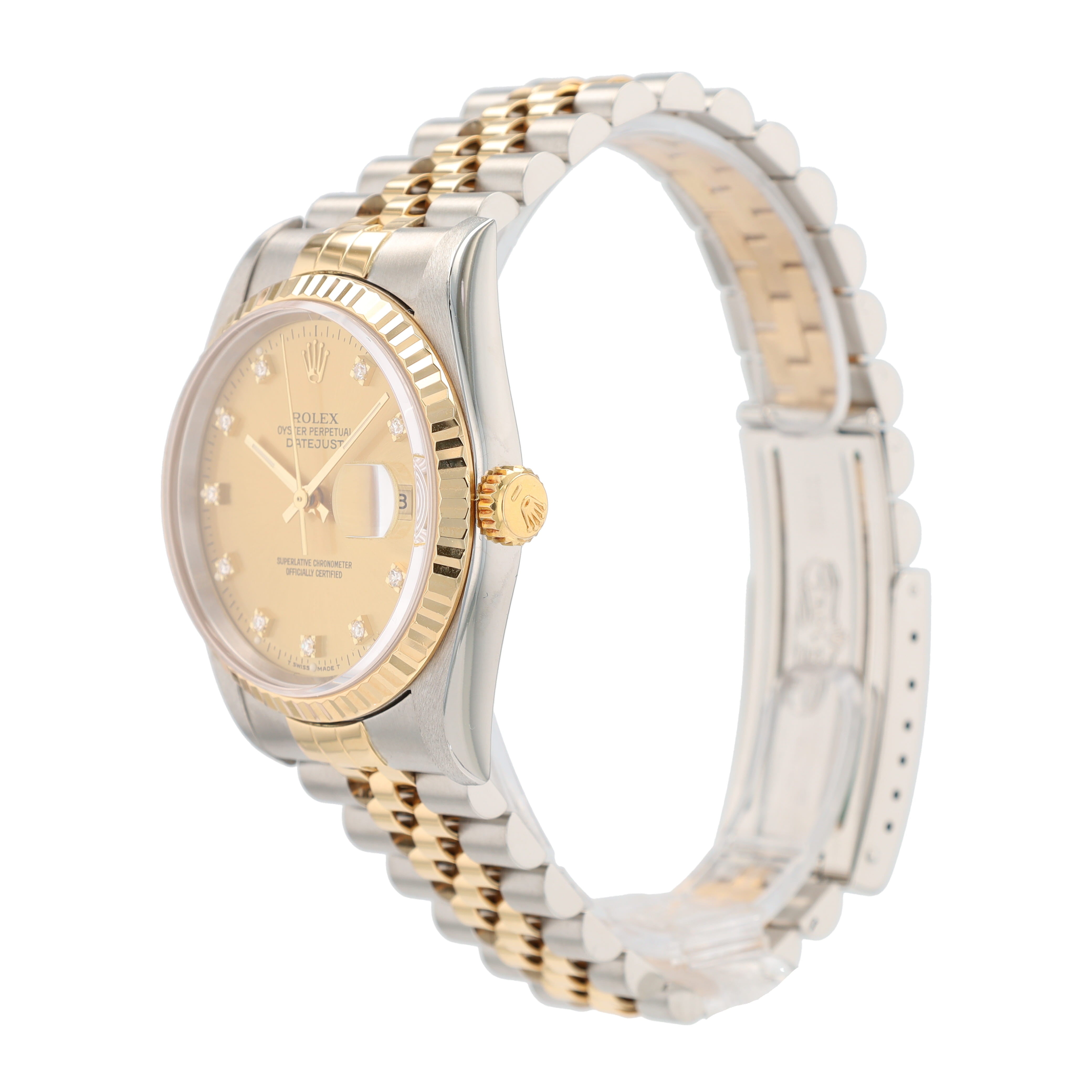 Rolex Datejust 16233 36mm Champagne Diamond OS Dial Fluted Bezel Jubilee Band - Luxuriant Concierge